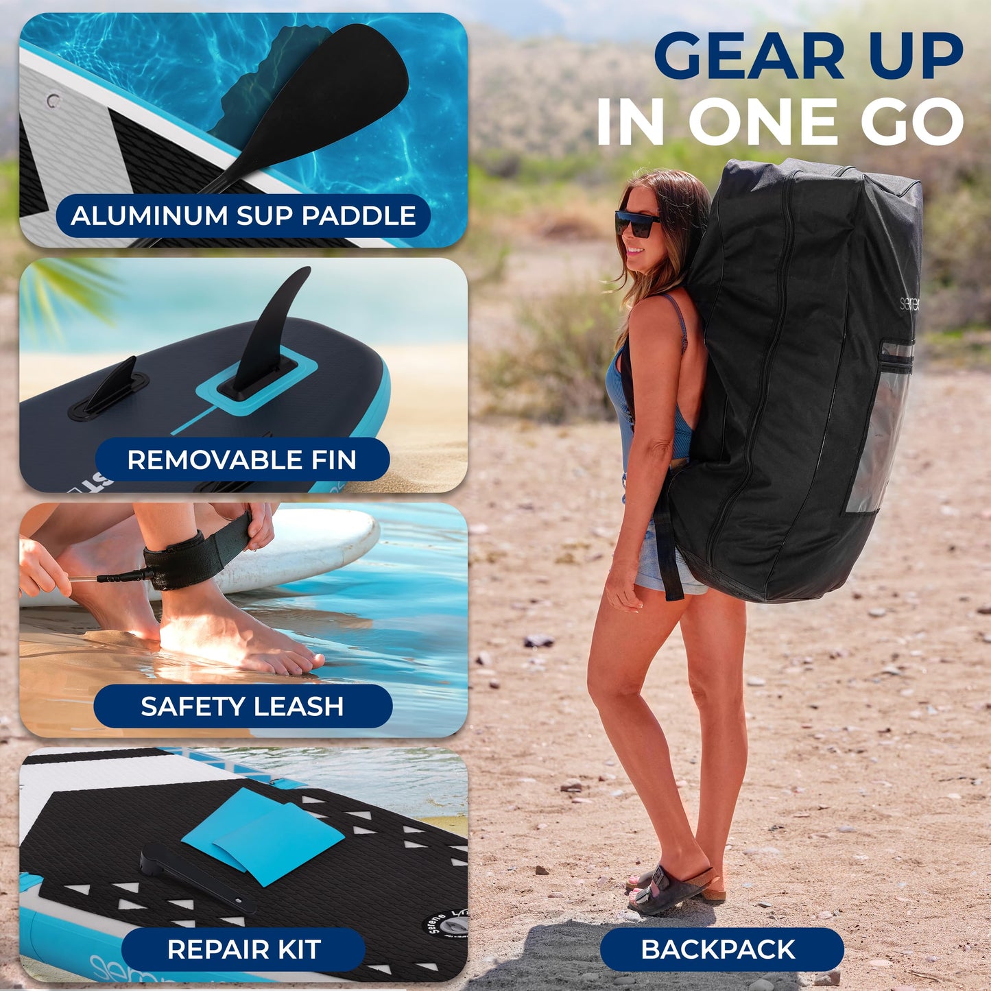 SereneLife 10’6” Inflatable Stand-Up Paddle Board with LED Lights - 32” Wide Stable Design with Double-Layer Sidewalls, Non-Slip Deck Pad, Premium SUP Accessories, for Youth and Adults