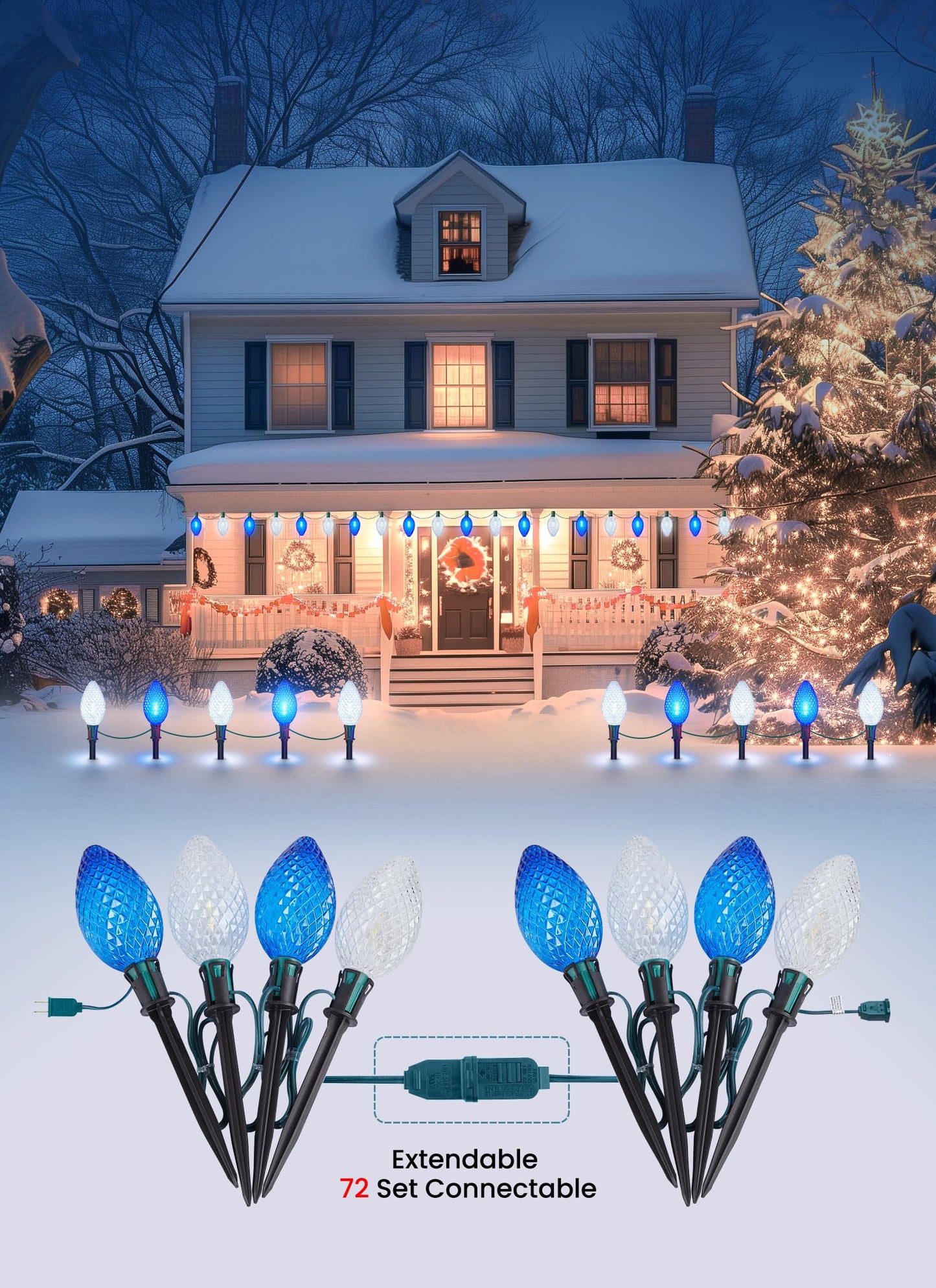 Minetom Christmas Pathway Lights - 2 Pack 13.5Ft C9 LED with 10 Stakes, Blue & Cool White, Waterproof, Model GY-C-50.6-U-B