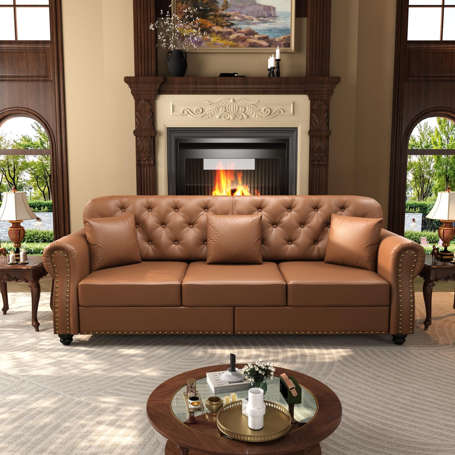 KEIKI 2-Piece Chesterfield Sofa Set with 1 Faux Leather 3-Seater Sofa & 1 Loveseat Sofa, Upholstered 5-Seater Couch Set with Nailhead Trim & Rolled Arms & 1 Ottoman & 5 Pillow, for Living Room, Brown