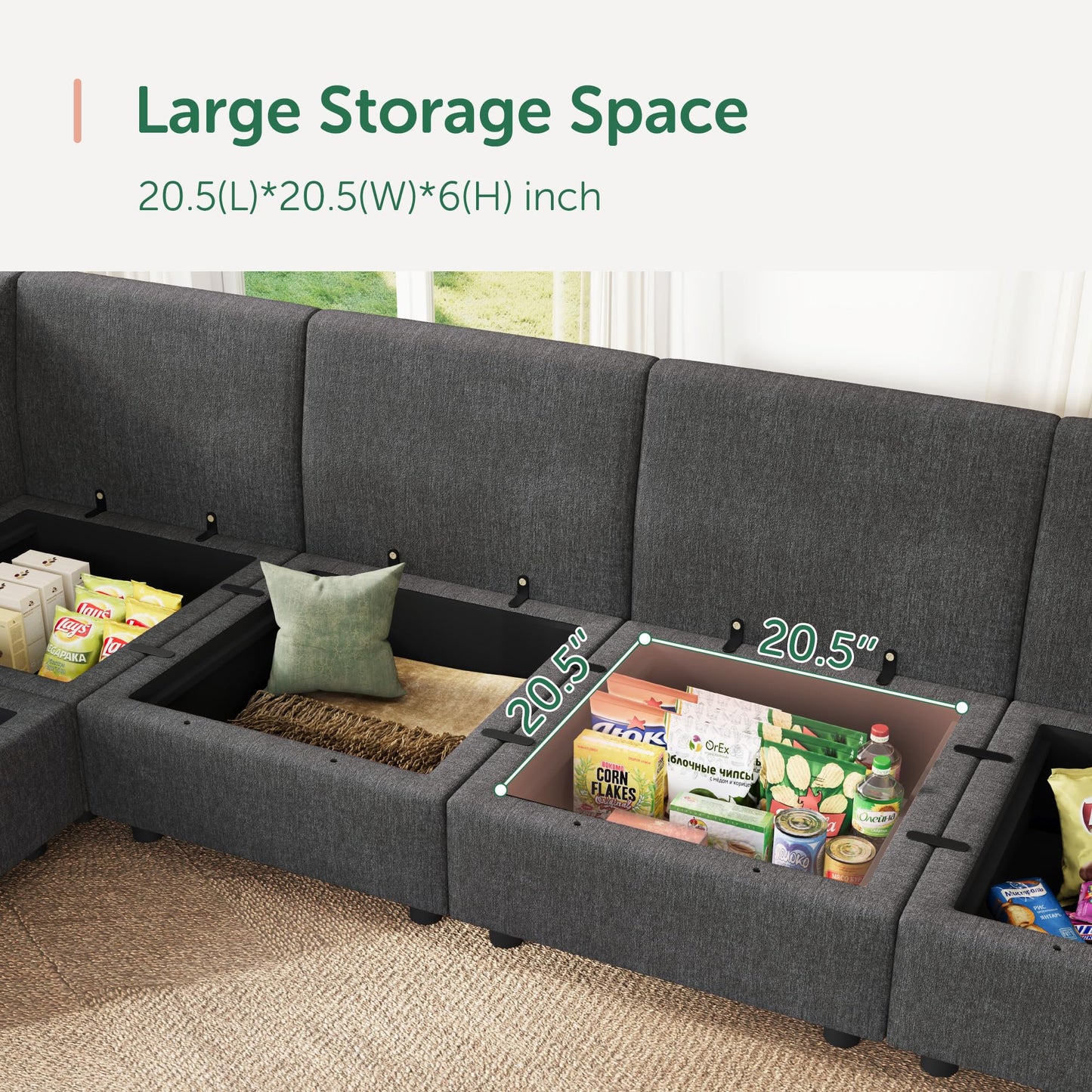 HONBAY Modular Sectional Couch L Shaped Sectional Sofa with Storage, Convertible Couches for Living Room - Snowflake Velvet Grey