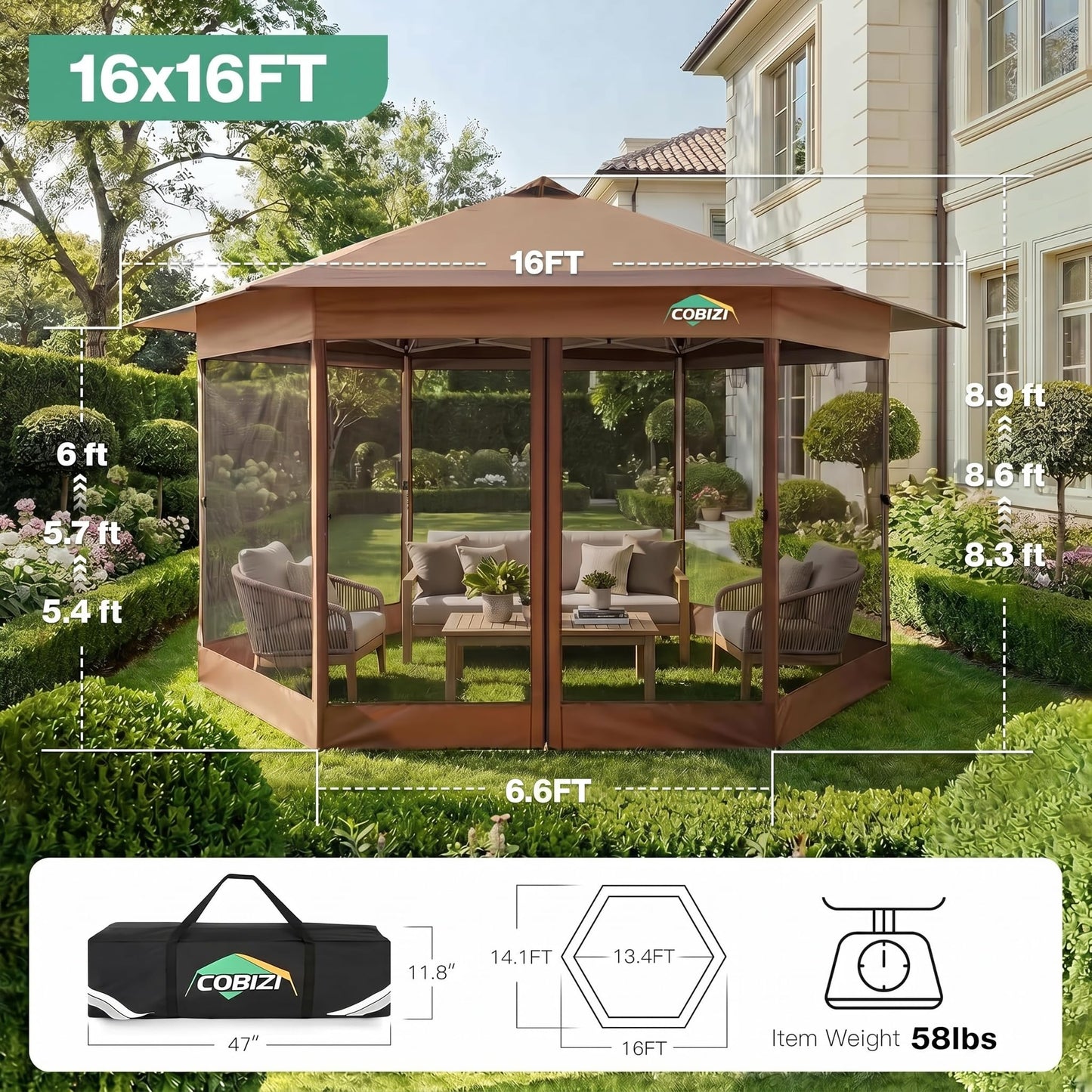 COBIZI 16x16 Pop up Gazebo on Clearance, Hexagonal Outdoor Canopy Tent with Mosquito Netting, Adjustable Height and 256 Square ft of Shade for Party, Backyard, Gardens with Vented Top（Brown）