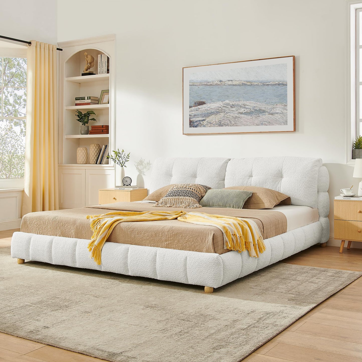 KEIKI King Size Boucle Platform Bed Frame with Tufted Cloud Headboard, Modern Style Upholstered Bed with Slats and Solid Wooden Legs, Easy Assembly, No Box Spring Required, for Bedroom, Beige