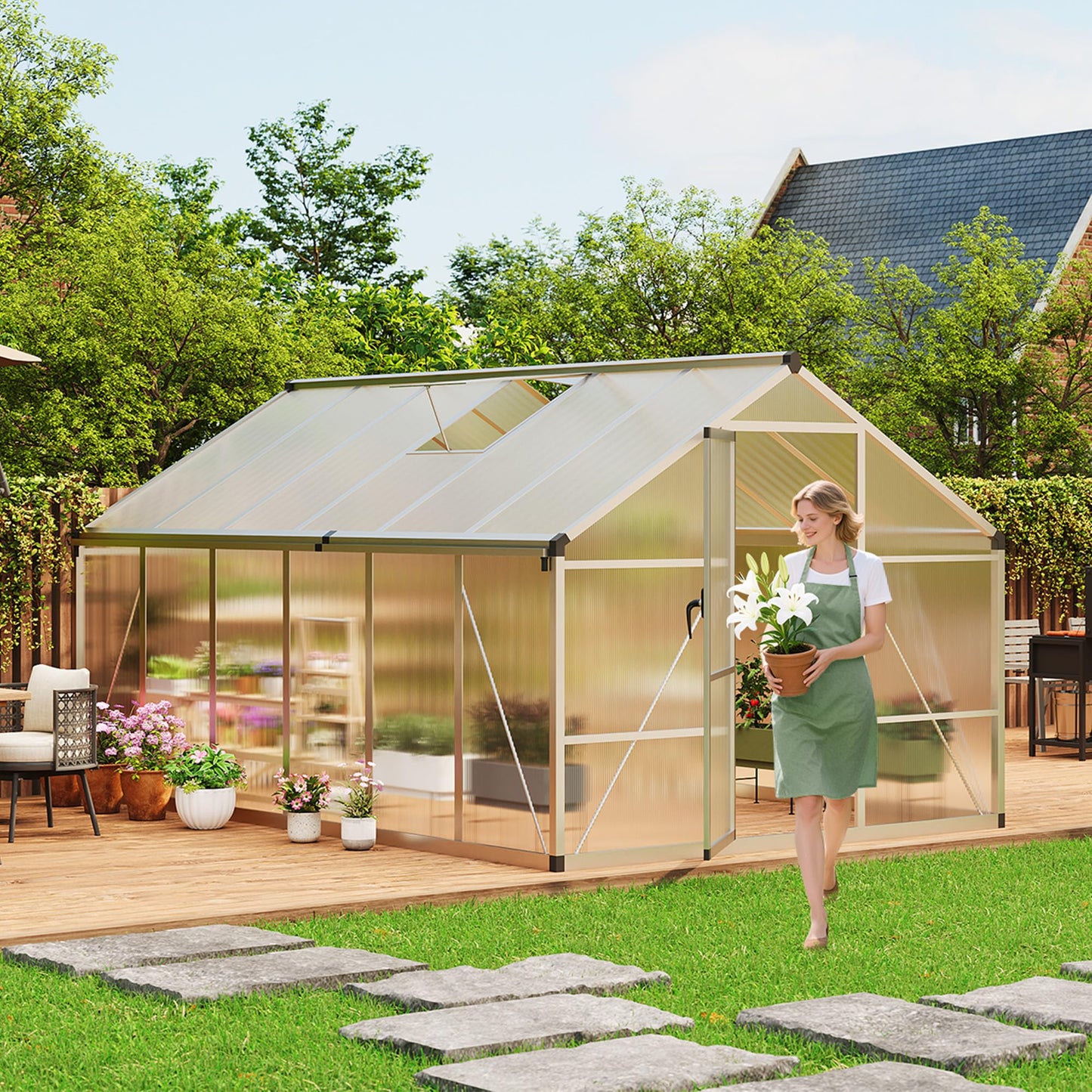 IDEALHOUSE 8×10 FT Greenhouse, Large Walk in Greenhouses for Outdoors and Garden Planting, Polycarbonate Greenhouse with Enhanced Aluminum Frame, Green Houses with Quick Setup Structure and Roof Vent