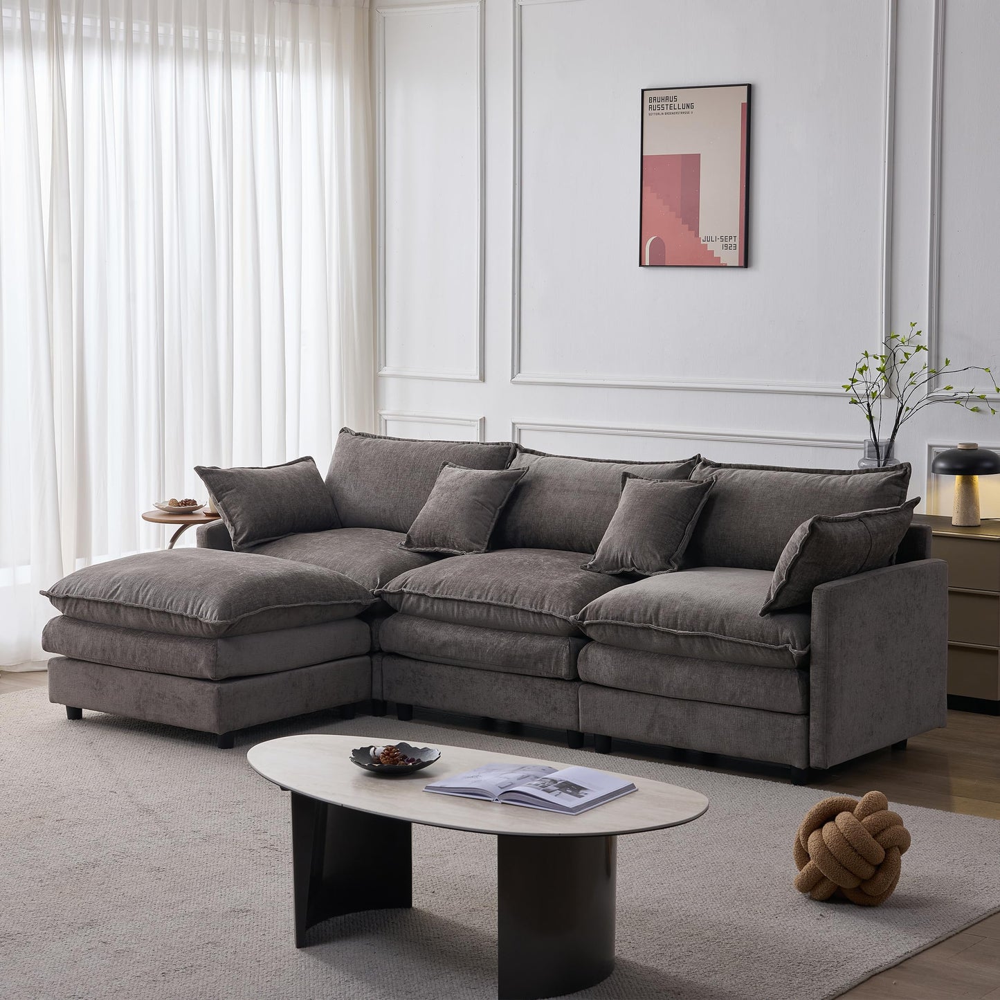 KEIKI 3 Seater Chenille Modular Sectional Couch Sofa with Ottoman, Double-Layer Seat Cushions & Back Cushions, Modern L-Shape Upholstered Cloud Soft Sofa Couches Chaise Lounge for Living Room