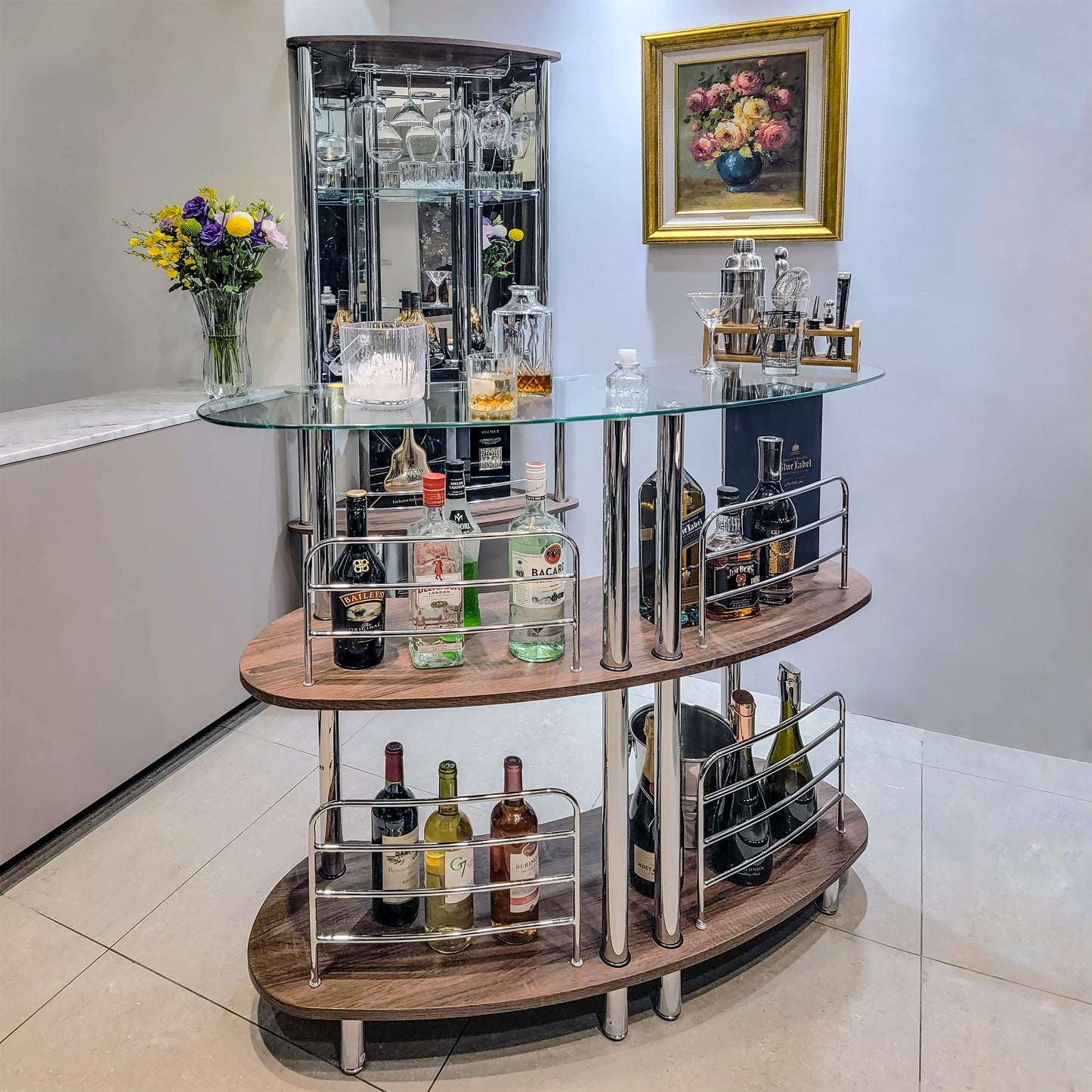 Mango Steam Contemporary Modern Home Entertainment Liquor Bar Catalina Table (Tower Bar, Clear and Brown)