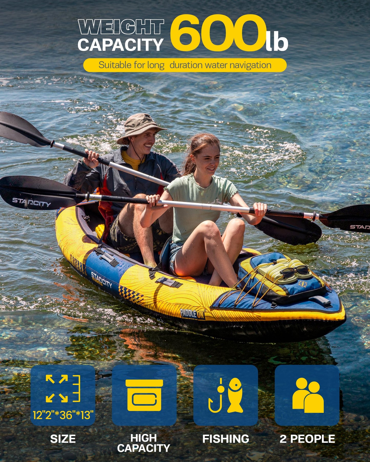 Starcity Kayak Inflatable Tandem Wide Stable Touring Fishing Design 600 Pound Capacity 12" 2"*36"*13" for Lake River Recreational Paddling Families Beginners W/Adjustable Seat Storage Compartment
