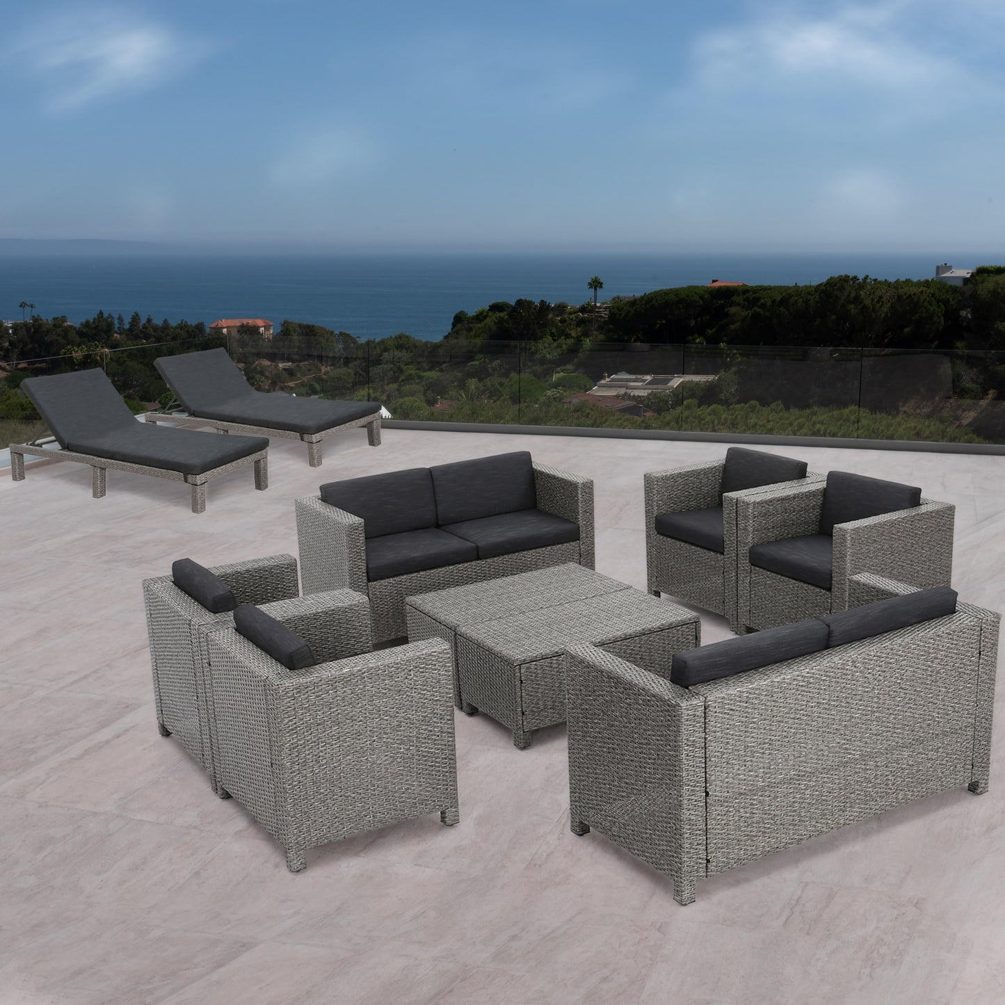 Christopher Knight Home Puerta Outdoor Wicker Patio Set with Water Resistant Cushions, 10-Pcs Set, Mix Black / Dark Grey