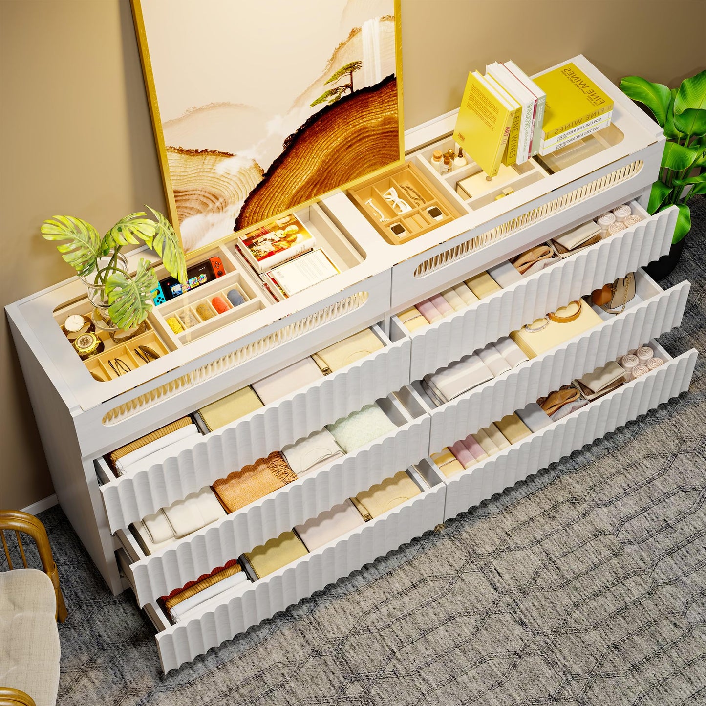 senlin Fluted 8 Drawer Dresser,with LED Lights,Tempered Glass Panel,Drawer Dresser,Hidden Handles.Compartmentalized Storage Drawer,Bedroom,Entryway,Wood Vanity