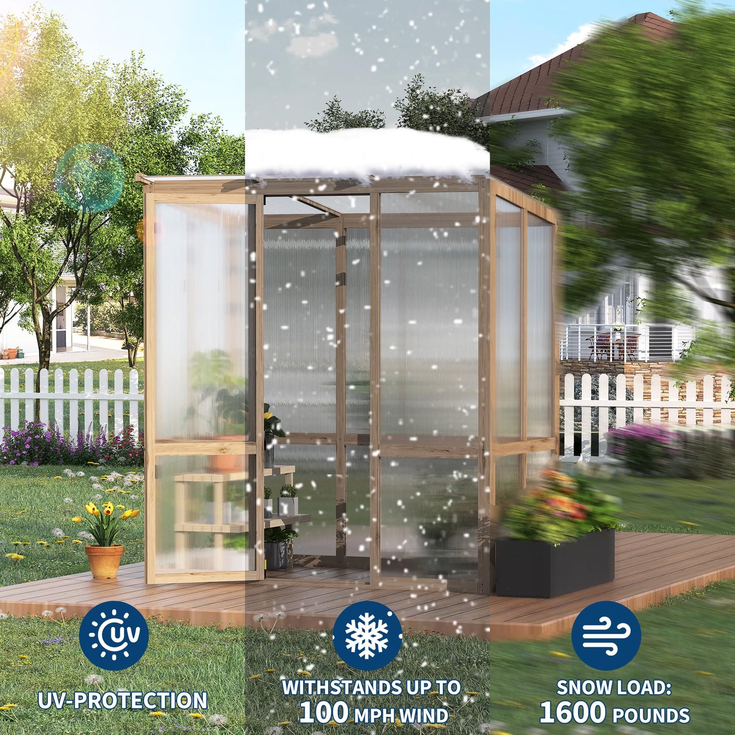 GarveeLife 4x6FT Wooden Greenhouses for Outdoors, Wooden Walk-in Green House with Cedar Frame, Greenhouse Kit with 6MM Thick Polycarbonate Panel