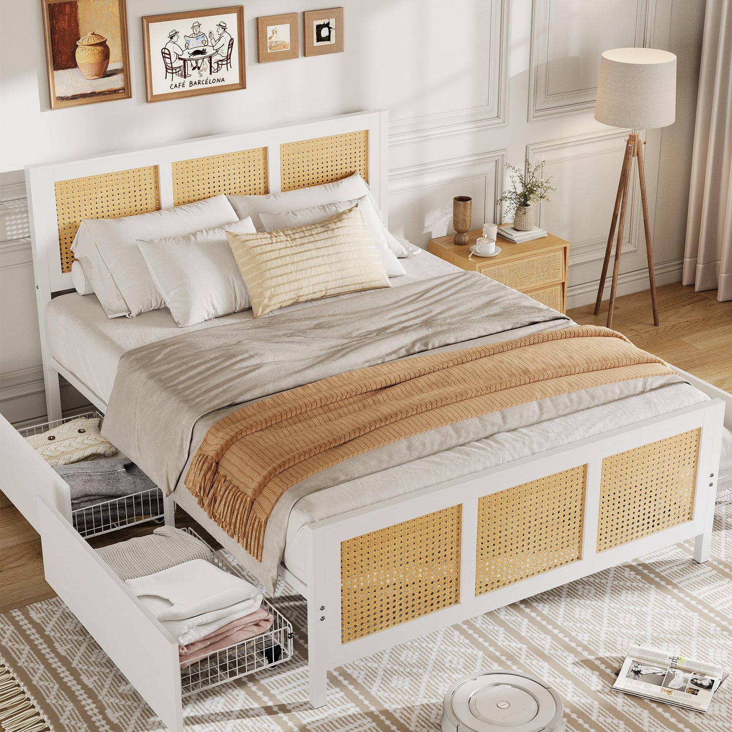 GarveeHome White Rattan Bed Frame with Headboard, Boho Cane Platform Full Size Bed Frame with 4 Drawers, Strong Metal Slats Support, Noise Free, No Box Spring Needed