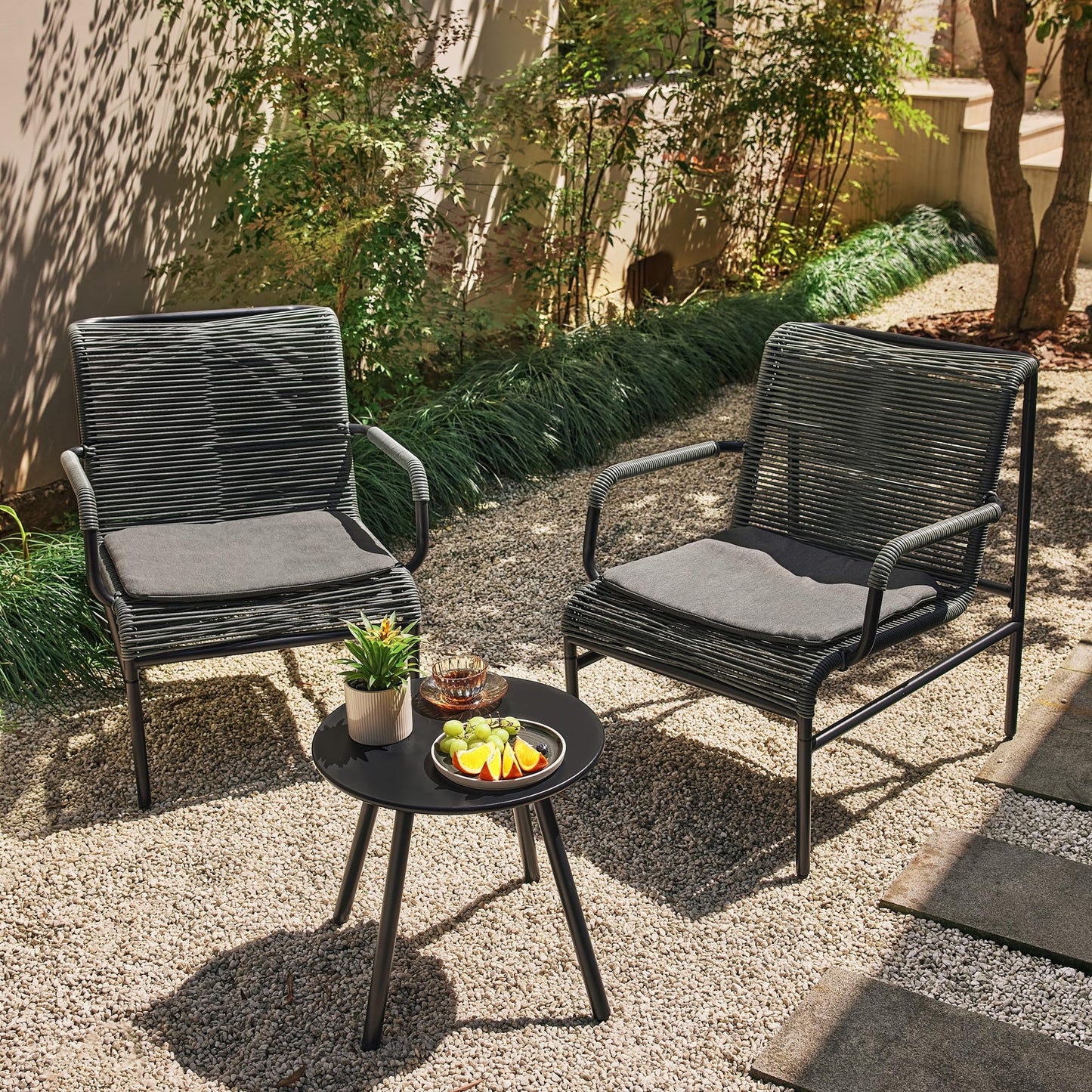 East Oak 3-Piece Patio Furniture Set, Outdoor Bistro Set with PE Rattan Wicker Wide Chairs, Soft Pads & Coffee Table, Modern All-Weather Wicker Patio Set for Garden and Porch, Misty Grey