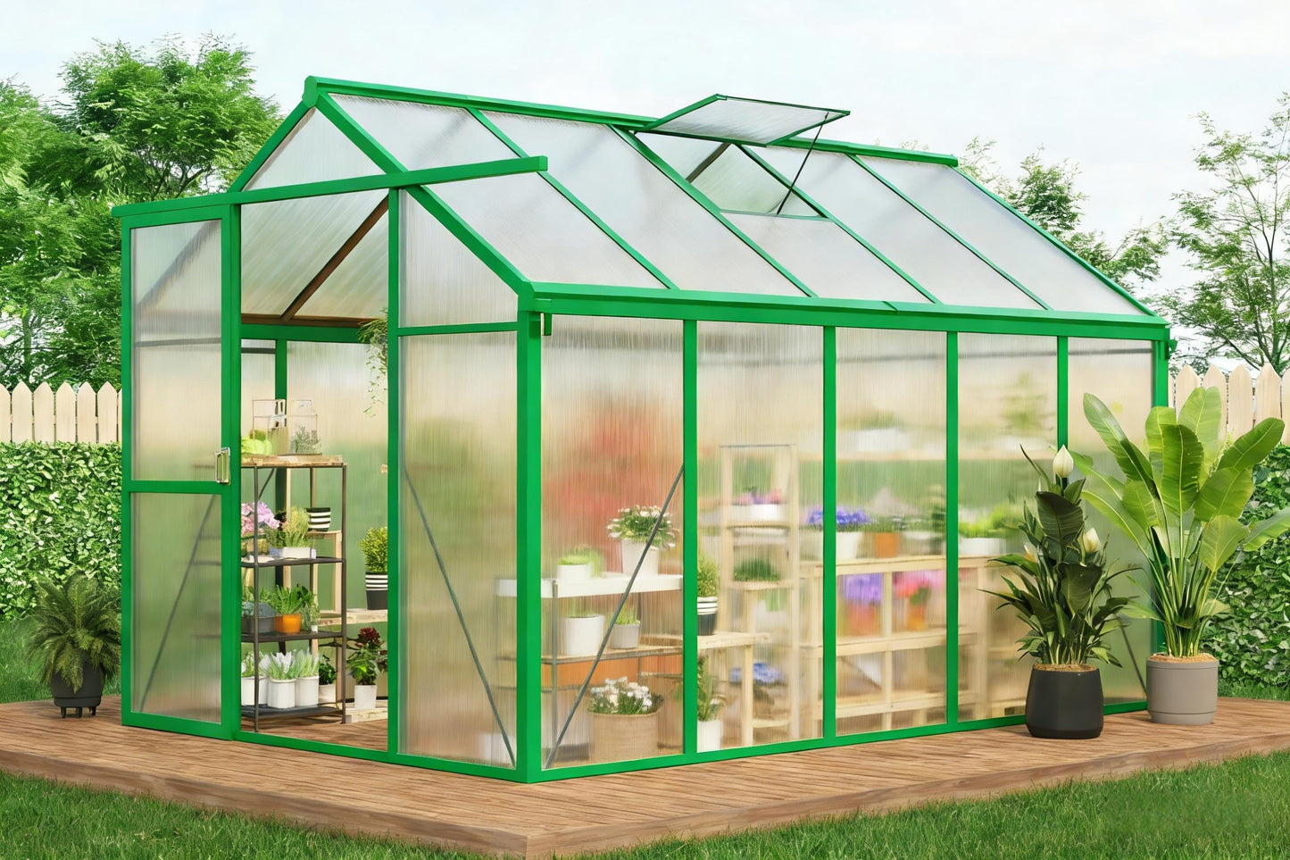 6x10 FT Greenhouse for Outdoors, Polycarbonate Greenhouse with Roof Vent, Ground Nails, Lockable Push Door, Aluminum Large Walk-in Green House for Outside Garden Backyard, Patio, Lawn, Green