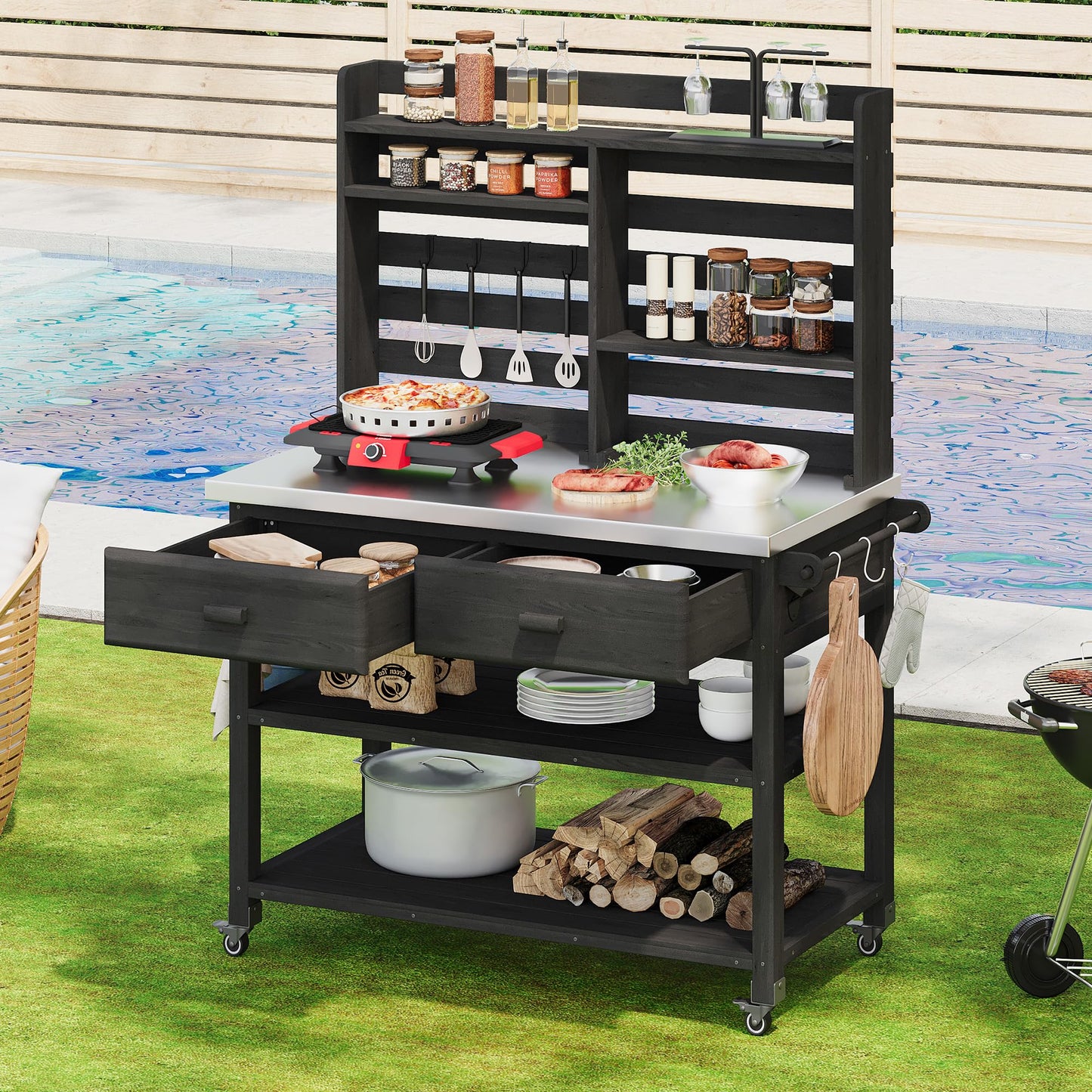 Merax 64.9" H Outdoor Potting Bench Table with Lockable Wheels, Solid Wood Outdoor Kitchen Island with Upper Hutch, Stainless Steel Top, Towel Rack, Outdoor Storage for Grilling, Lawn Garden, Black