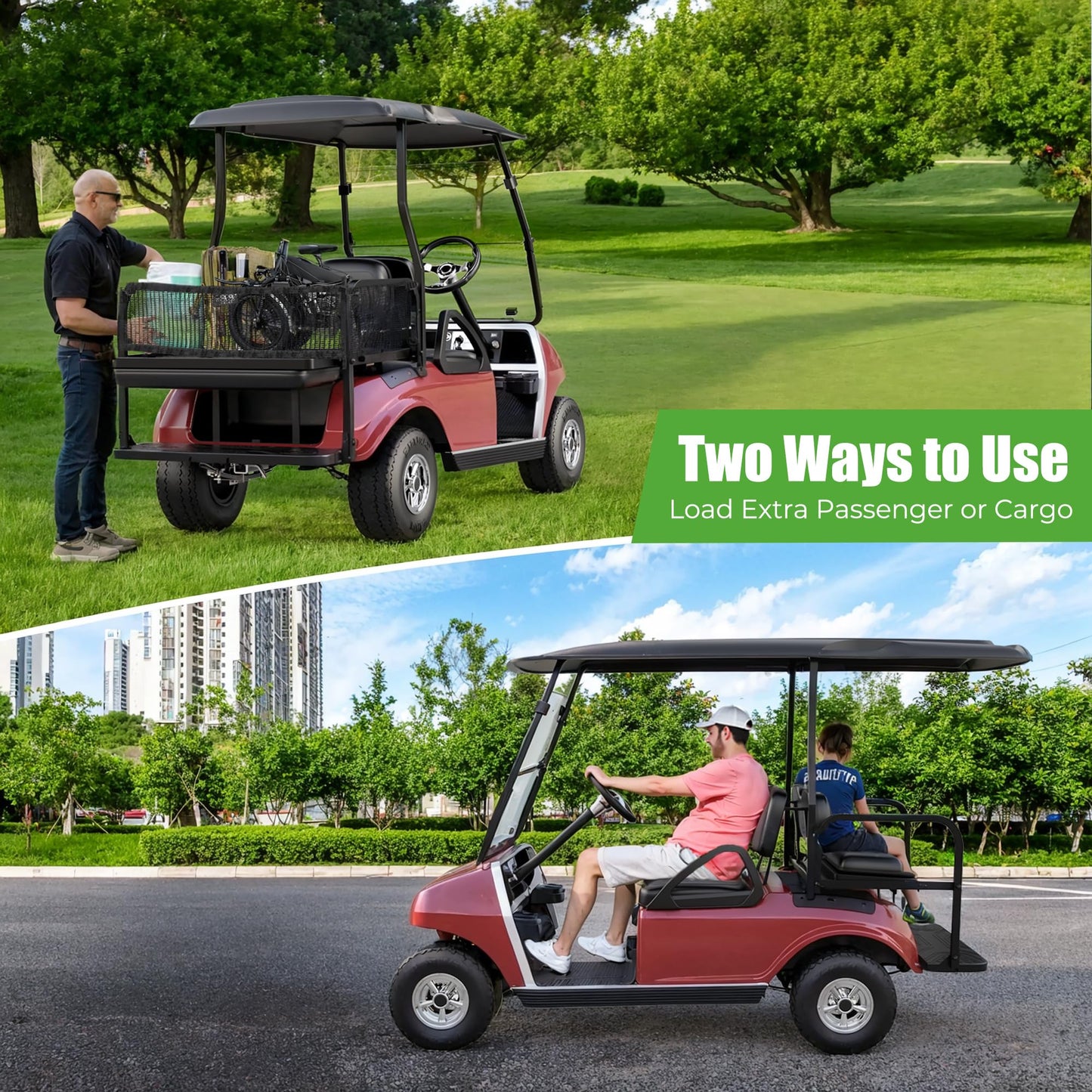 10L0L Golf Cart Rear Flip Seat for Club Car DS, Heavy-Duty Alloy Steel & PE Construction, No-Drill Installation, Non-Slip Pedals & Padded Backrest