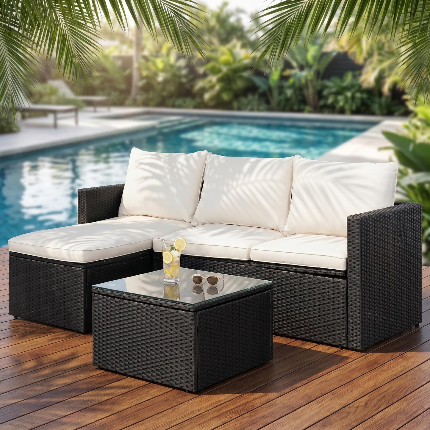 SUNLEI 3 Piece Patio Furniture Set, Outdoor PE Rattan Sectional Sofa Set with Ottoman, Detachable Cushions and Glass Coffee Table, Patio Conversation Set for Backyard Balcony Porch, Black/White