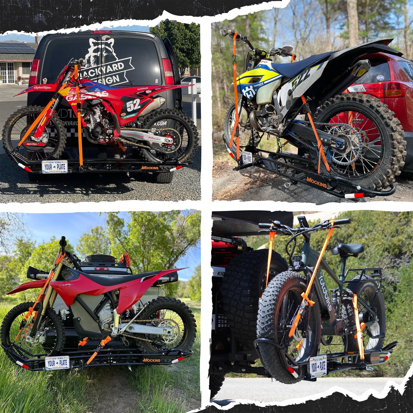 Mockins 83" Tilting Dirt Bike Carrier Hitch Mount Rack | 500 Lbs. Capacity eBike Rack with Ramp for Up to 5.5"W Tires | Small Motorcycle Hitch Carrier Set w/ License Plate Holder, Stabilizer, & Straps