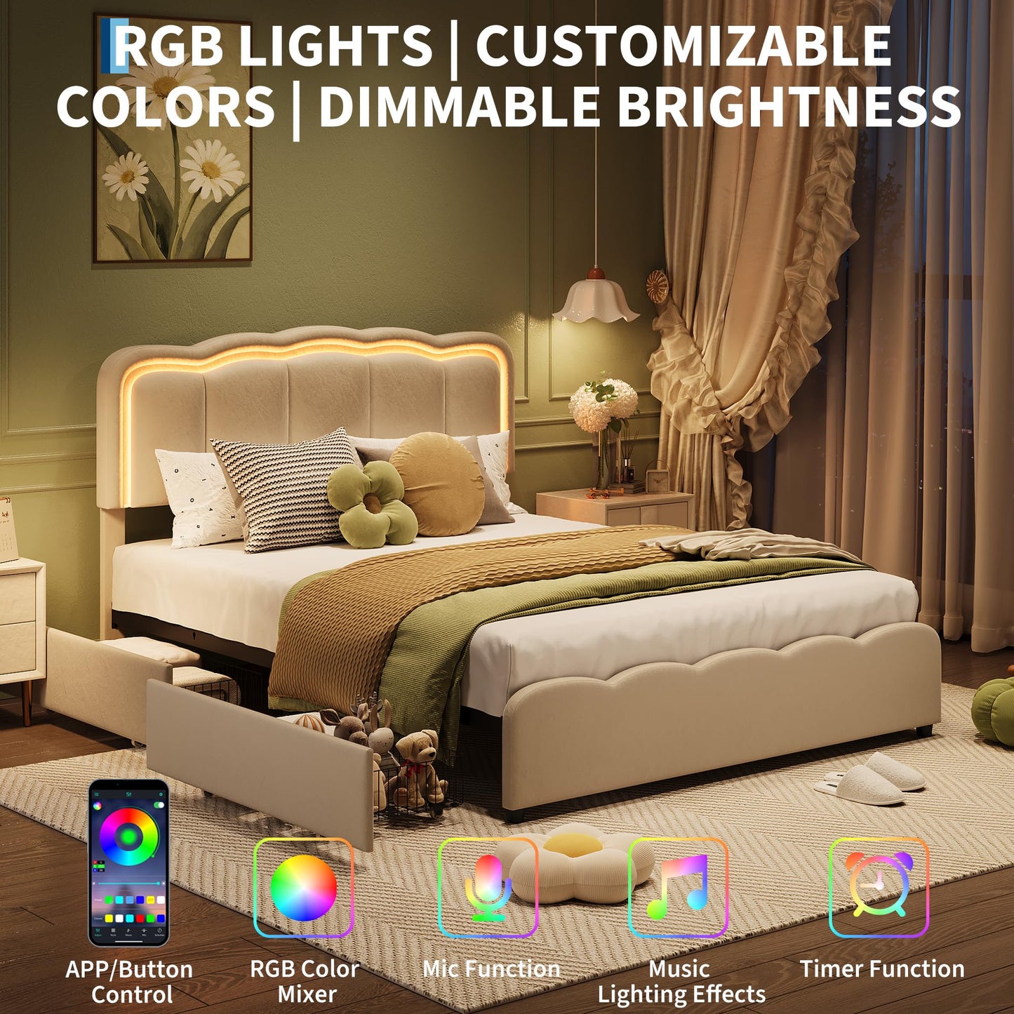 Garvee Queen Size Bed Frame with 2 Storage Drawers and LED Lights, Upholstered Platform Queen Bed with Adjustable Headboard, Wooden Slats Support, No Box Spring Needed, Easy Assembly, White