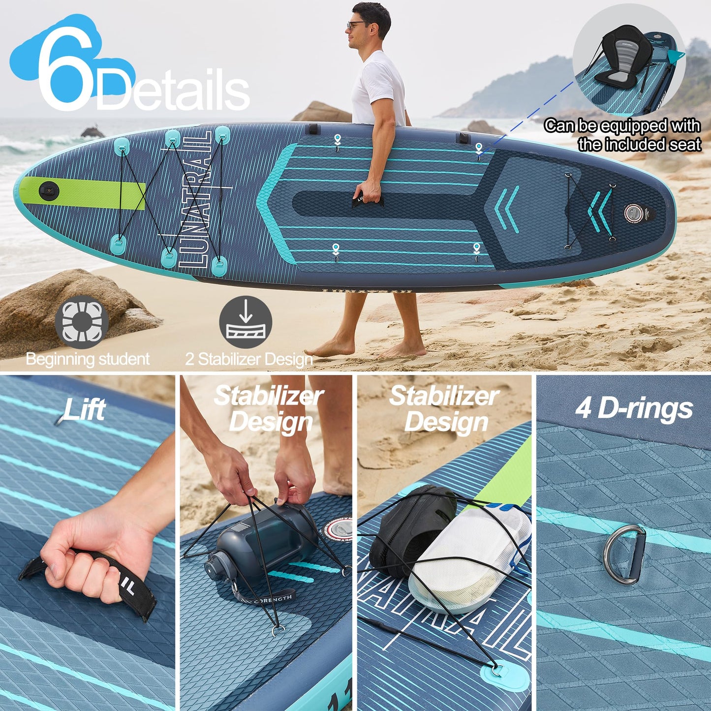 【11'×34"】 Extra Long/Extra Wide Premium Inflatable Stand Up Paddle Board (SUP) – Portable & Lightweight for Yoga, Surfing, Family Fun | Complete Kit with Paddle, Pump, Bag | Durable Design