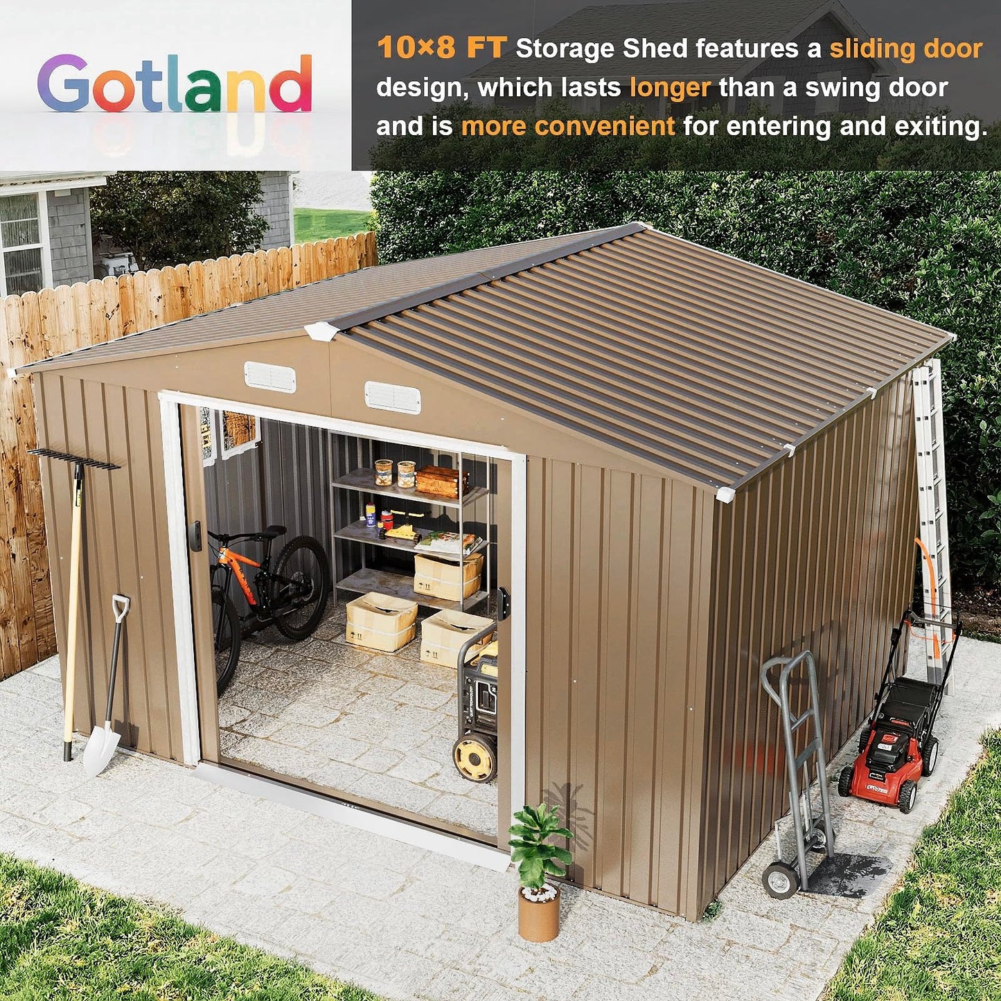 Gotland 10FT x 8FT Sheds & Outdoor Storage, Storage Shed with 1 Large Window Sloped Step, Metal Shed with 2 Lockable Slide Doors Air Vents, Outdoor Shed for Backyard Patio Lawn Brown