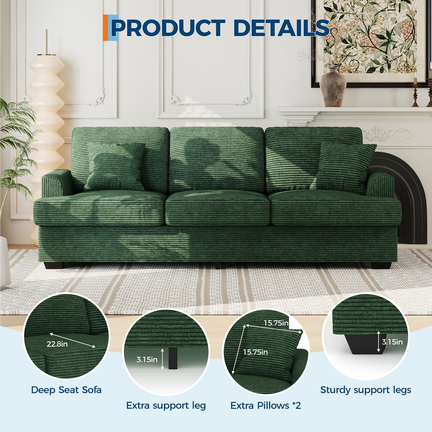 Garvee Modern 86" Corduroy Sofa - Deep Seat Couch with Removable Cover & 2 Throw Pillows, Comfy Upholstered Cushion Sofa for Small Space Apartment & Lounge, Green