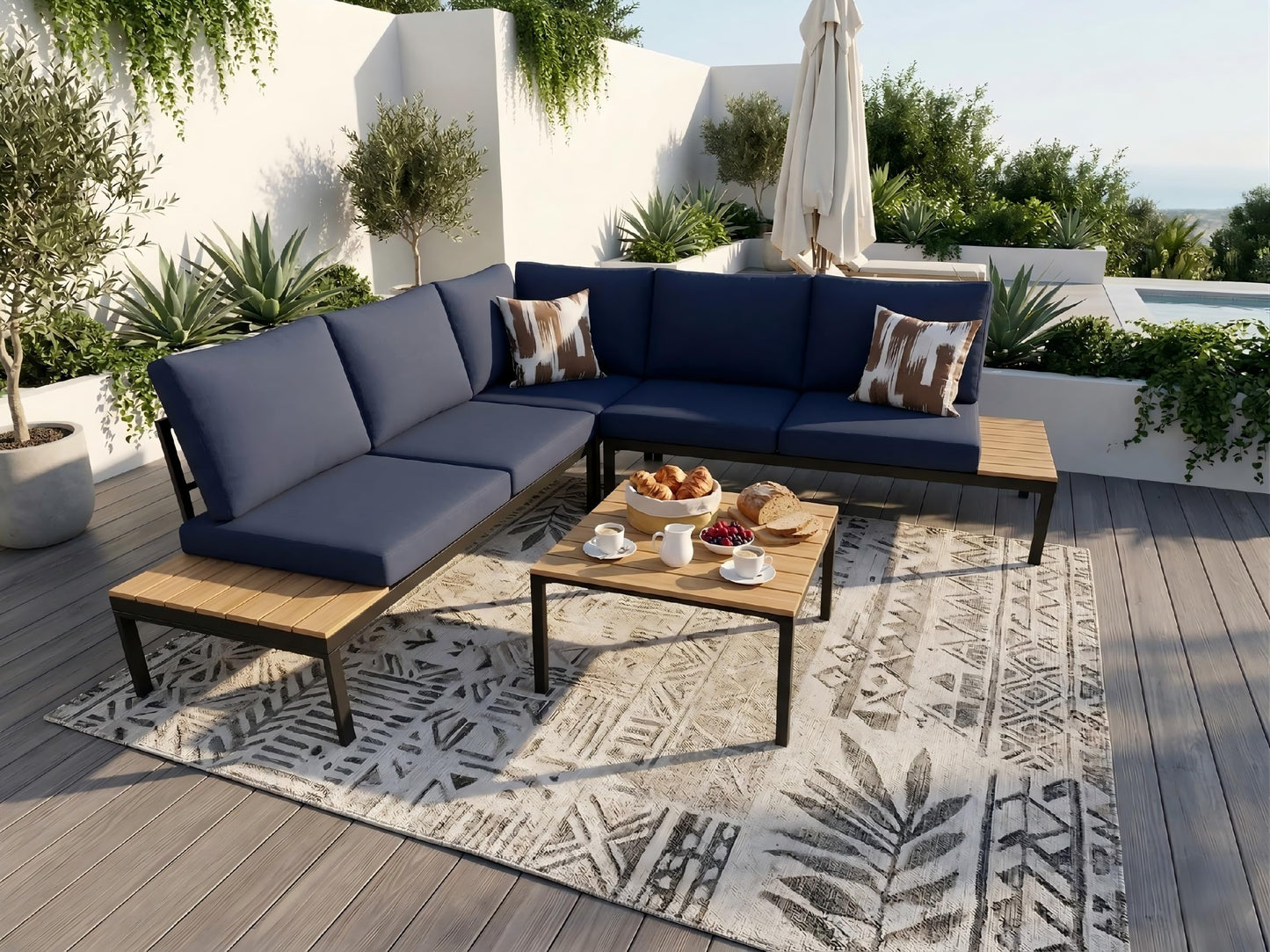 KEIKI 4-Piece L-Shaped Outdoor Patio Furniture Set, Rattan Patio Conversation Set with Coffee Table & 1 Corner Sofa & 2 Double Sofa, Wicker Curved Sectional Sofa Set, for Backyard, Dark Blue