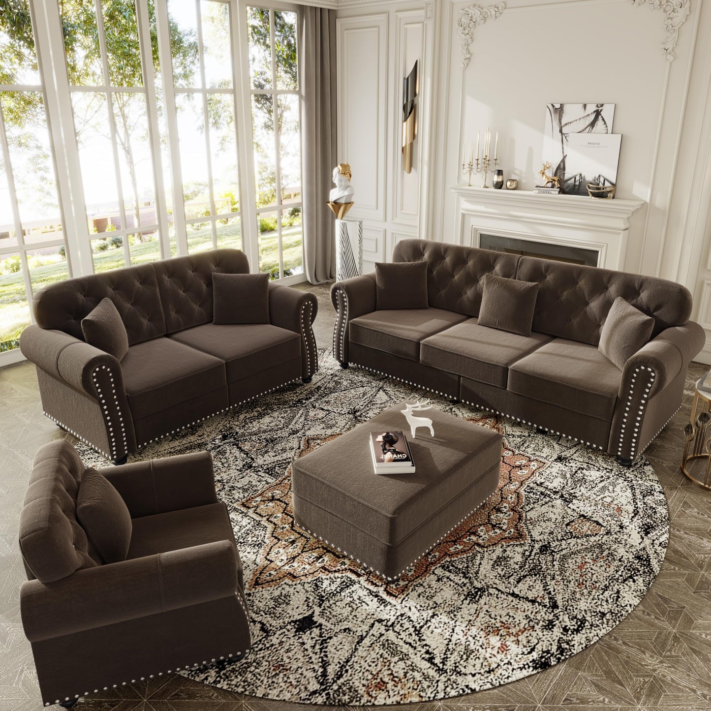 KEIKI 3-Piece Chesterfield Sofa Set with 1 Velvet 3-Seater Sofa & 1 Loveseat & 1 Single Sofa, 6-Seater Couch Set with Nailhead Trim & Rolled Arms & 1 Ottoman & 6 Pillow, for Living Room, Brown