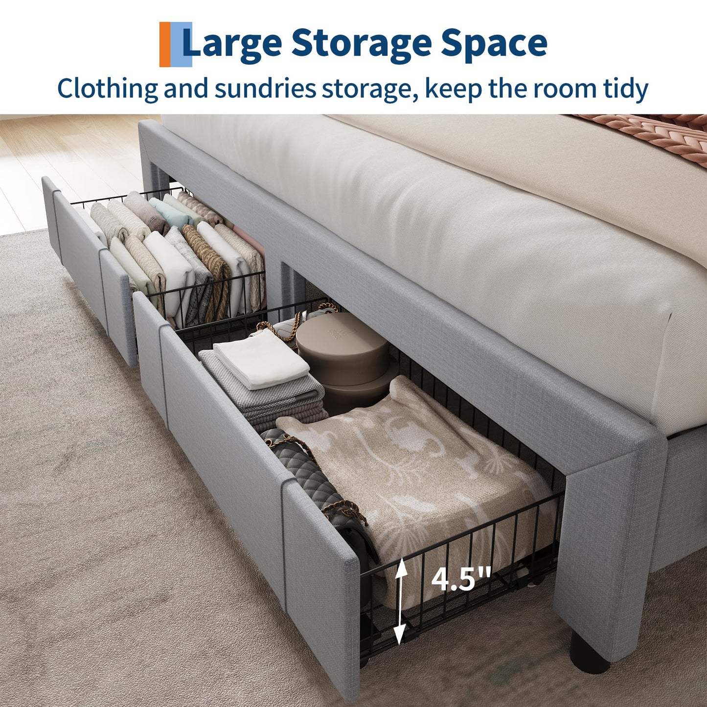 GarveeHome King Size Bed Frame with Storage Headboard, Upholstered Platform Beds with Drawers, Charging Station, Noise-Free, No Box Spring Needed, Easy Assembly, Light Grey