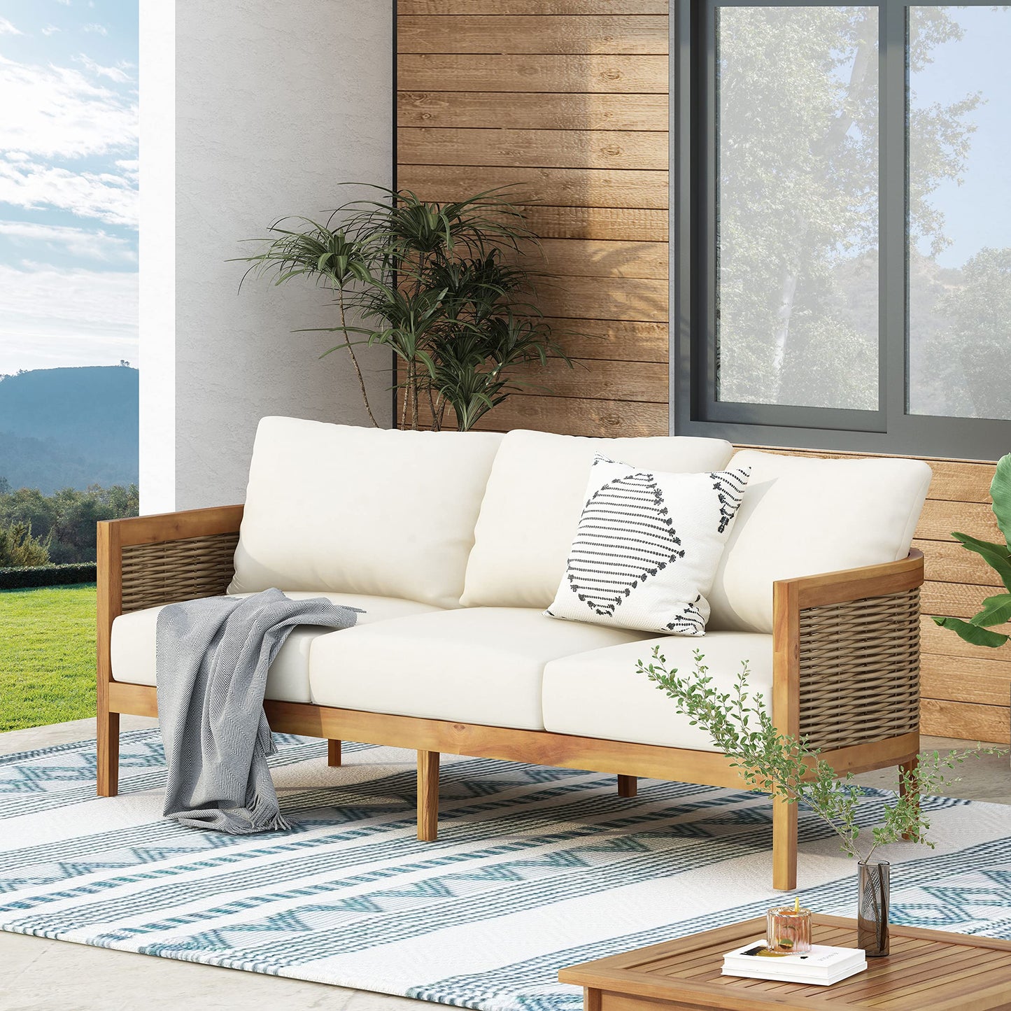 Merax 76.5" Outdoor Acacia Wood Wicker 3 Seater Sofa, Patio Furniture Couch for Backyard