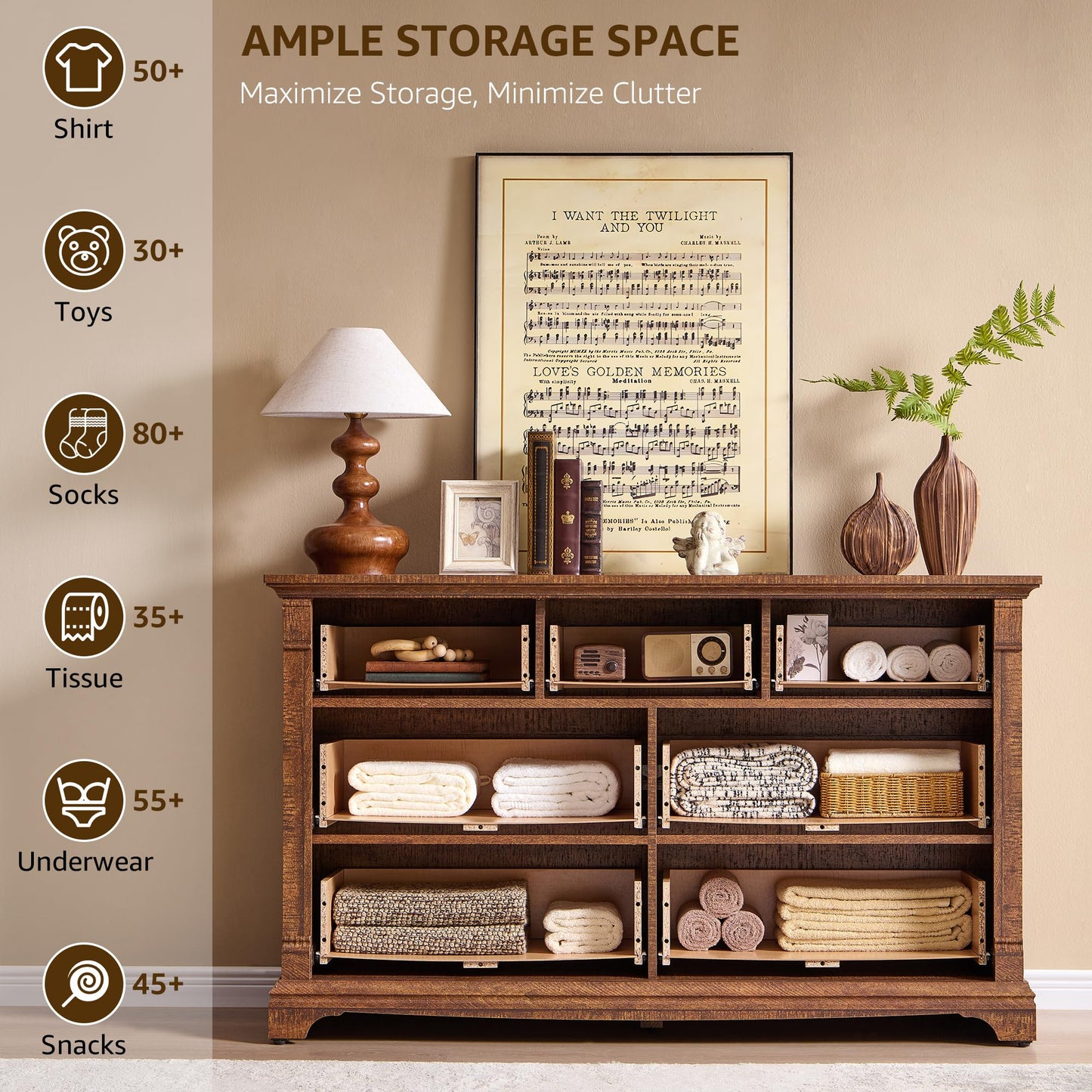 T4TREAM Farmhouse 7 Drawers Dresser for Bedroom, 54" Wide Wood Rustic Chest of Drawers w/Roman Column, Wooden Storage Dressers Organizer for Bedroom, Living Room, Closet, Reclaimed Barnwood