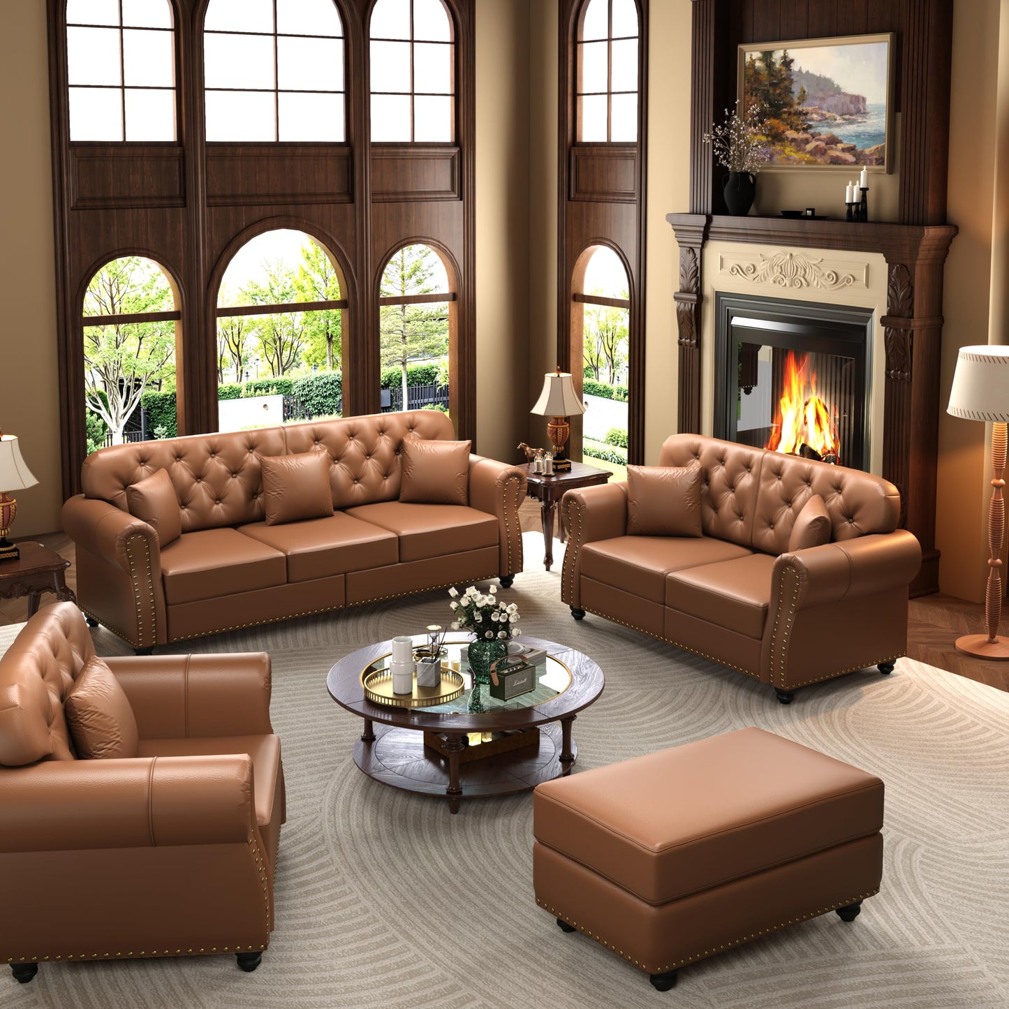KEIKI 3-Piece Chesterfield Sofa Set with 1 Faux Leather 3-Seater Sofa & 1 Loveseat & 1 Single Sofa, 6-Seater Couch Set with Nailhead Trim & Rolled Arms & 1 Ottoman & 6 Pillow, for Living Room, Brown