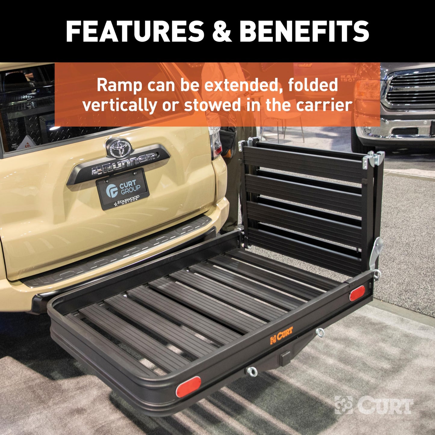 CURT 18112 50 x 30-1/2-Inch Black Aluminum Hitch Cargo Carrier with Ramp, 2-in Folding Shank