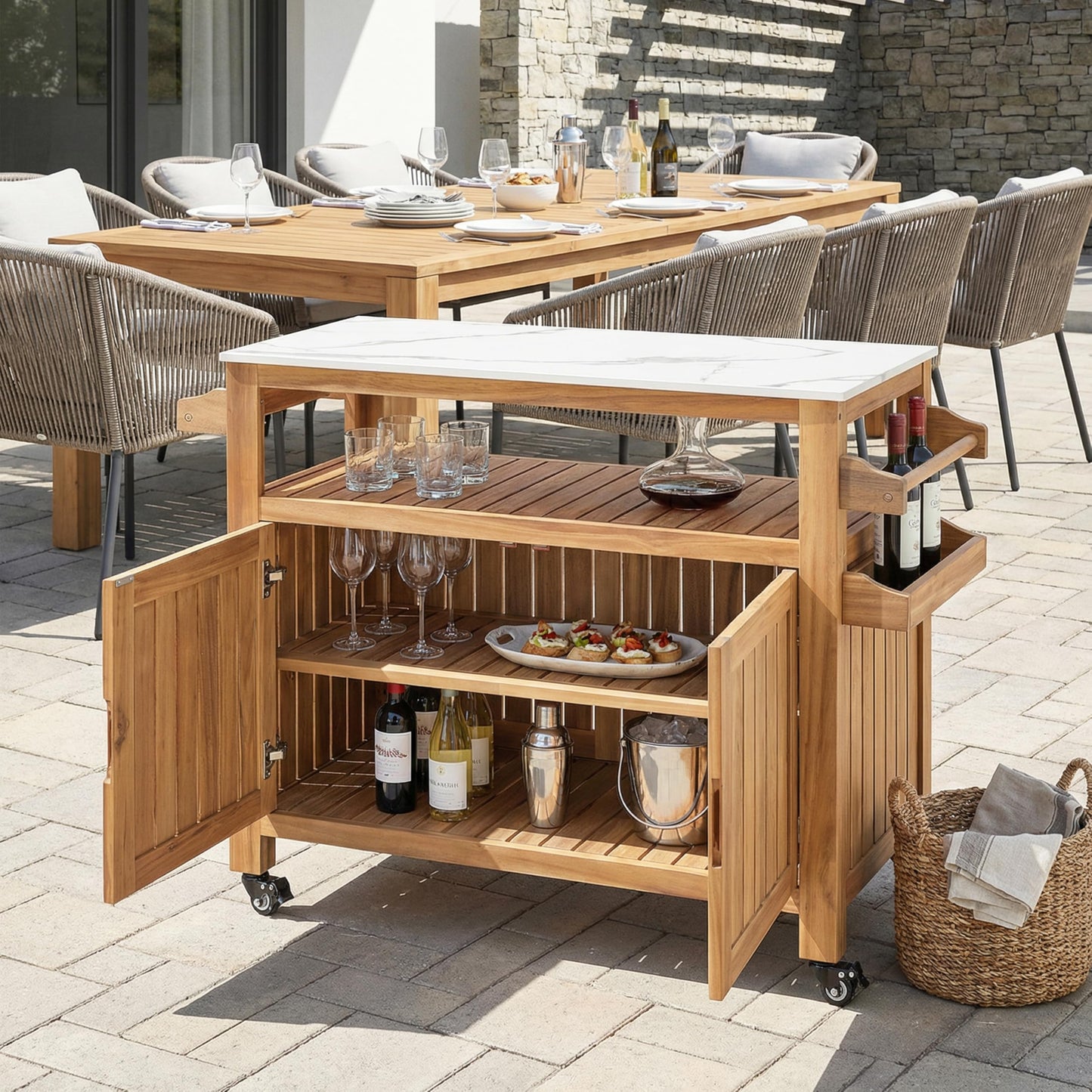 Christopher Knight Home Shina Outdoor Bar Cart with Marble-Effect Top and Lockable Wheels, Acacia Wood Outdoor Storage Cabinet with Three-Tier Slatted Shelves, Kitchen Island Serving Cart, Natural