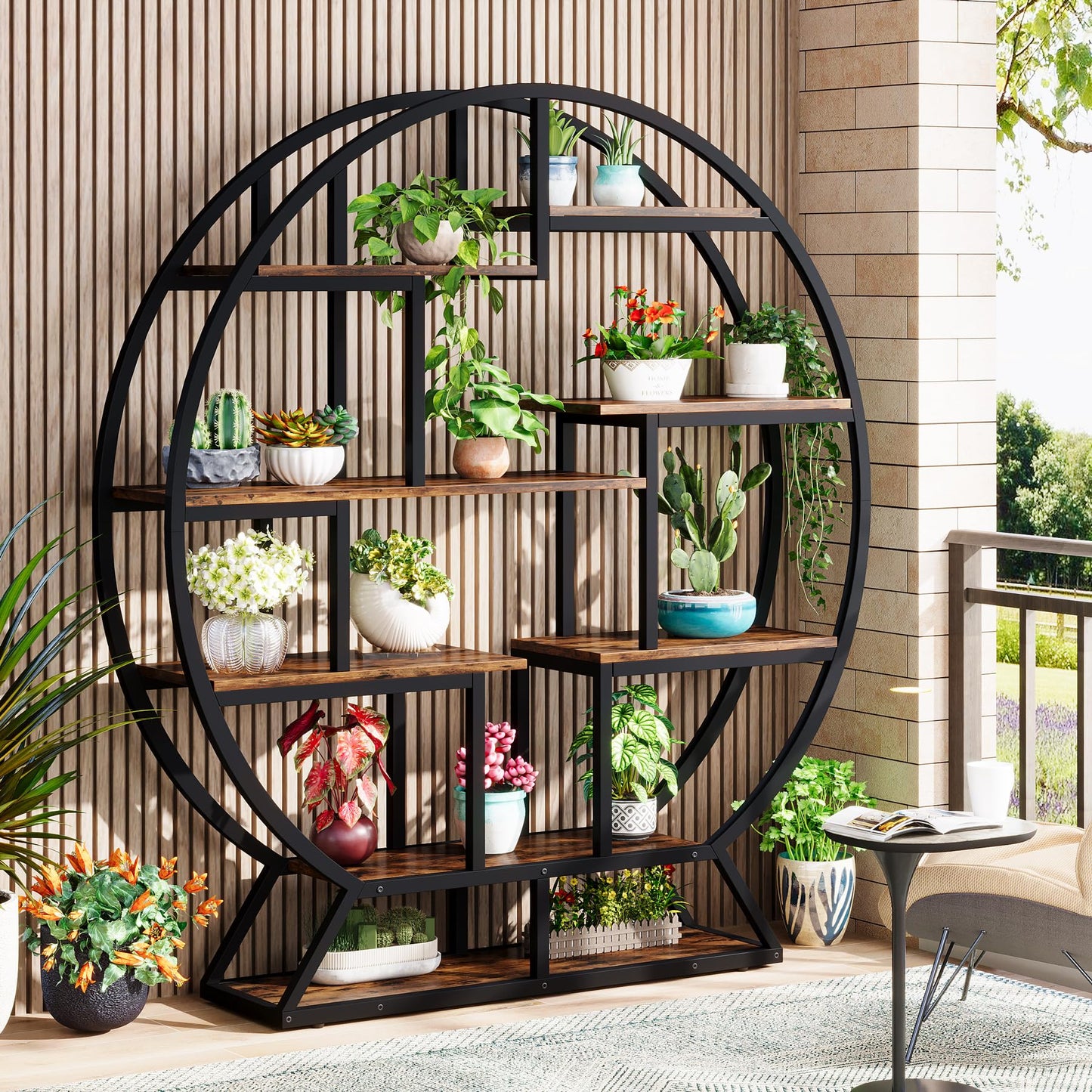 Tribesigns Bookshelf, Round Bookshelves Etagere Bookcase, 63 Inch Industrial Wood Book Shelf with Staggered Shelves, Rustic Open Shelving Organizer Rack Display Shelf for Home Office, Living Room