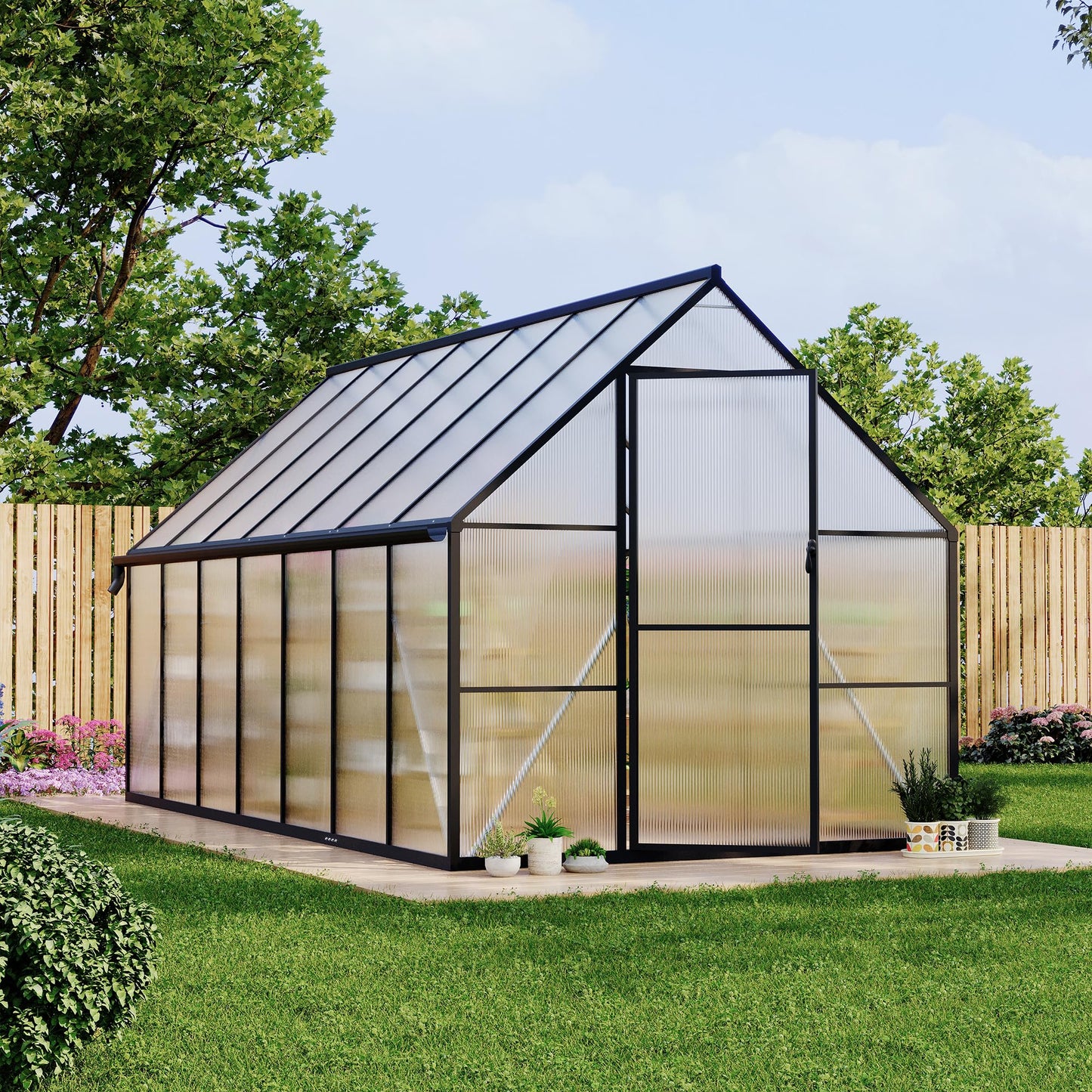 Polycarbonate Greenhouse for Outdoors, Large Walk-InGreenhouse with Quick Setup Structure and Roof Vent, Greenhouse with Ventilation and Rain Gutter
