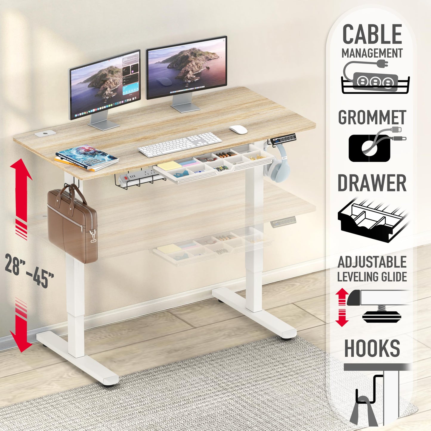 SHW 48-Inch Electric Height Adjustable Standing Desk with Drawer, Memory Preset and Cable Management Tray, Maple