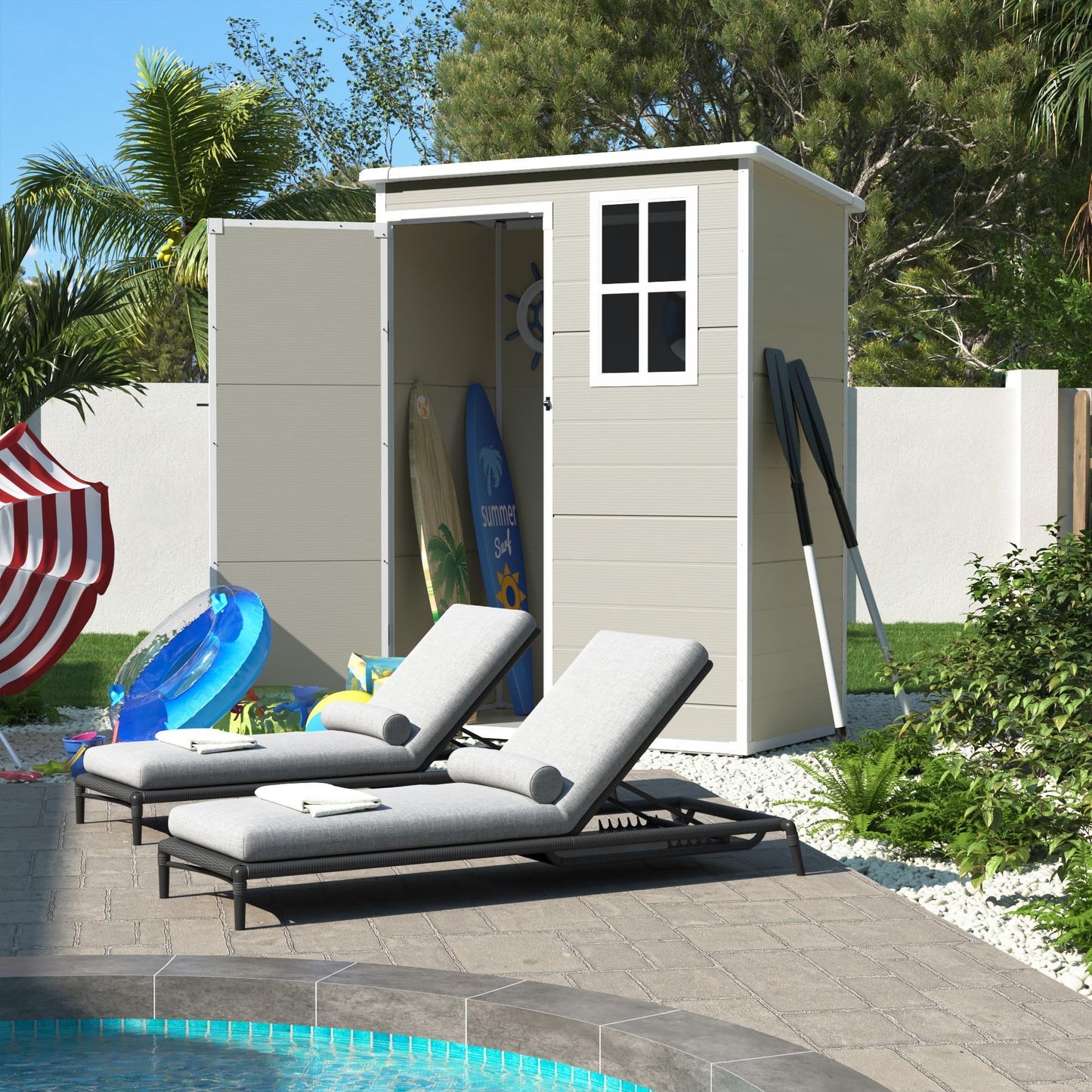 UDPATIO Outdoor Storage Shed 5x3 FT, Garden Resin Shed for Bike, Garbage Can, Tools, Outside Plastic Sheds with Floor for Backyard, Patio, Lawn, Sandstone