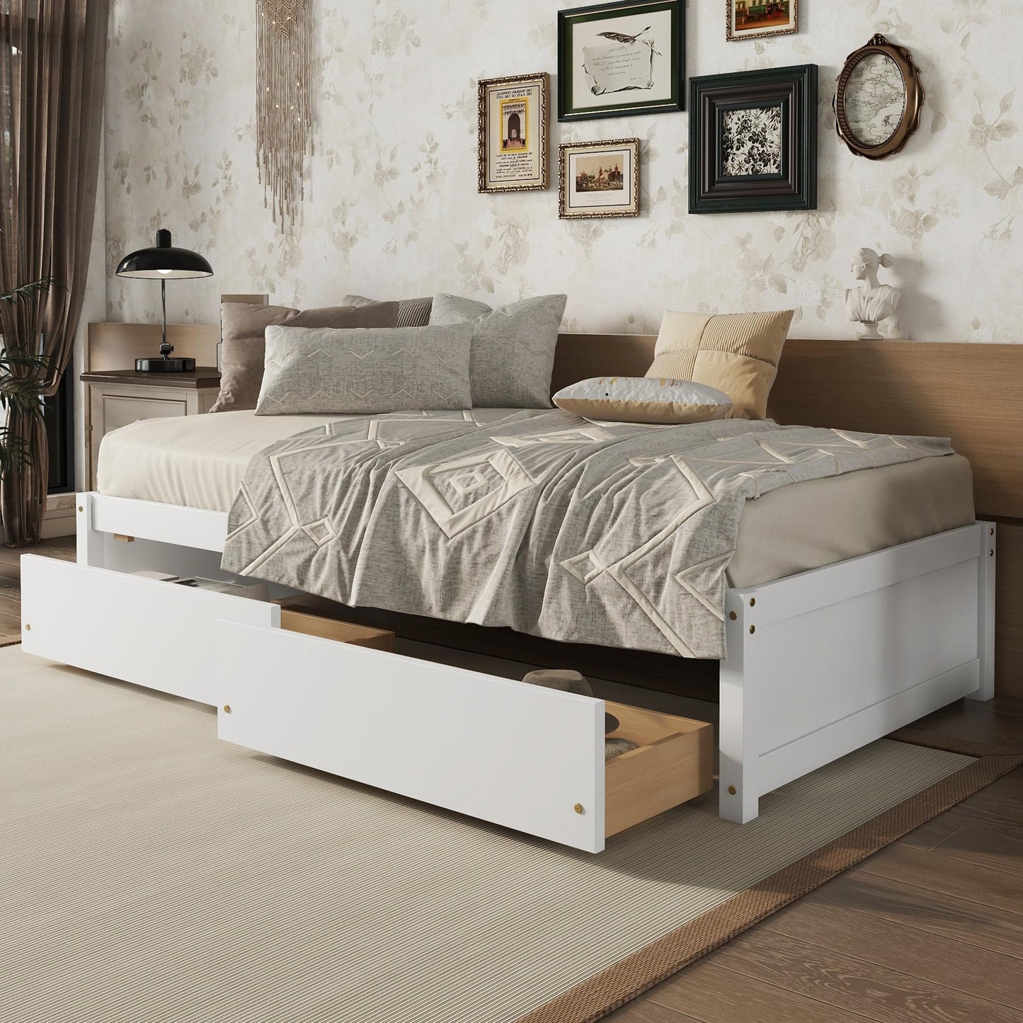Twin Size Bed Frame with 2 Storage Drawers,Kids Twin Bed with Storage,Twin Bed Frames for Kids, Teens, Adults, Solid Wood Platform Bed,White