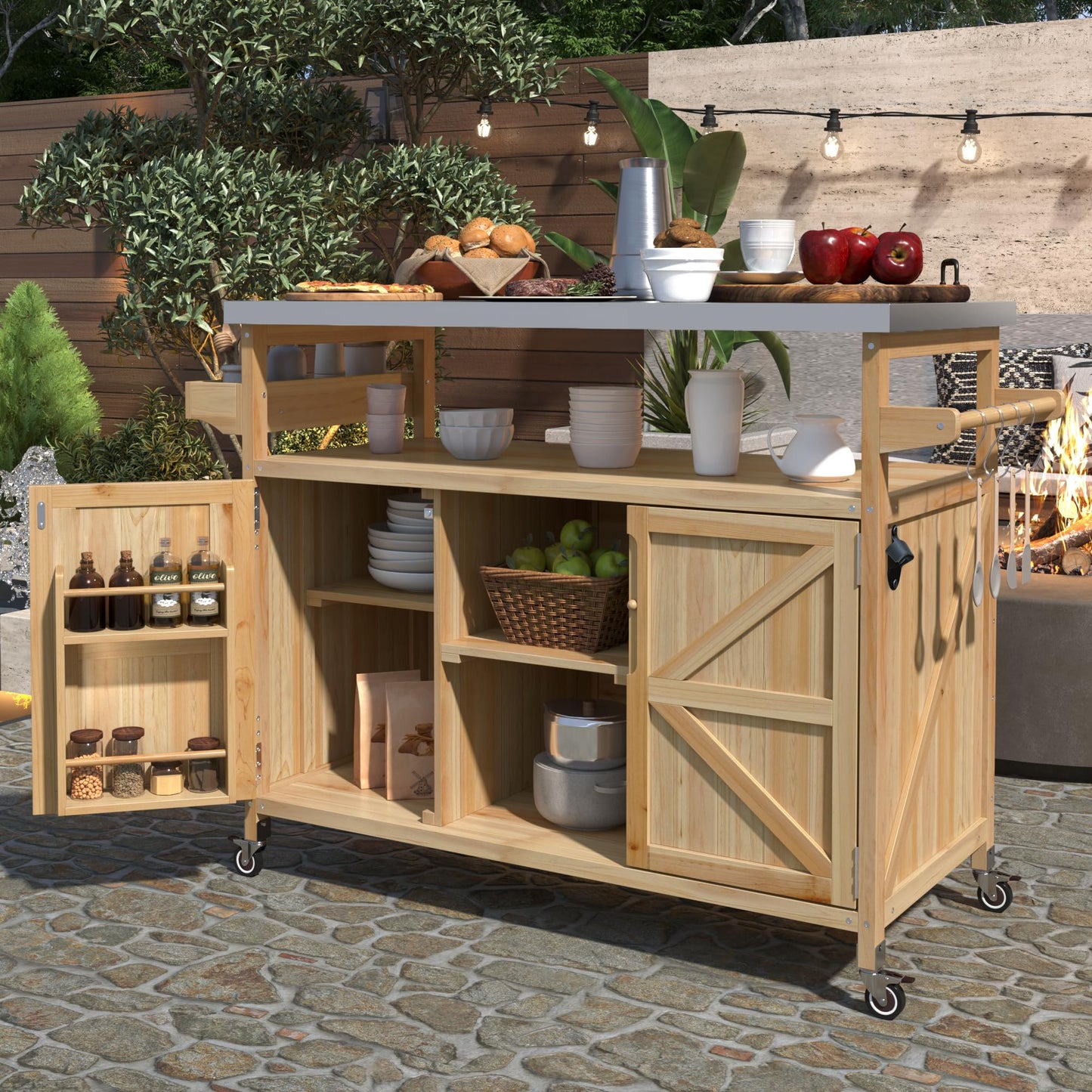 YOPTO Outdoor Kitchen Island,Rolling Bar Cart & Storage Cabinet,Farmhouse Solid Wood Outdoor Grill Table with Stainless Steel Top,Spice and Towel Rack,for Kitchen,Barbecue,Natural,50"