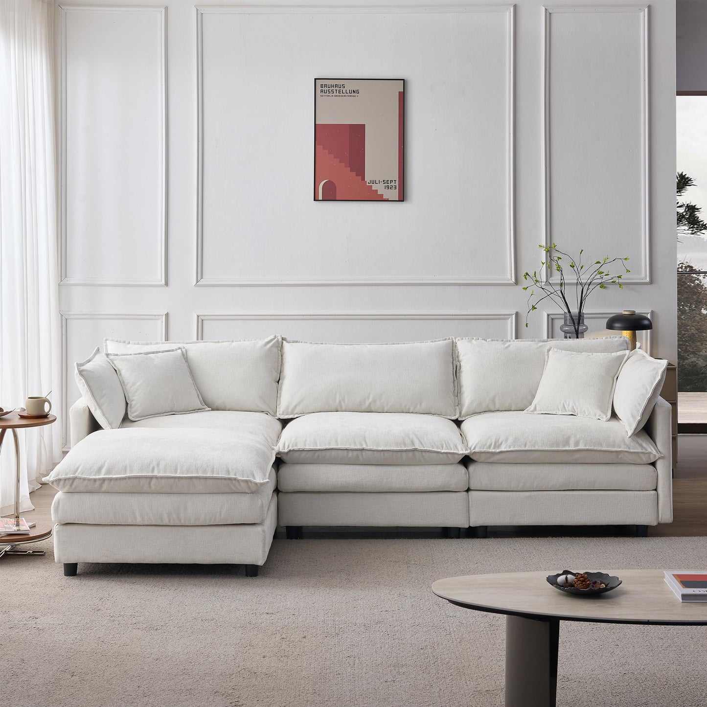 KEIKI 3 Seater Chenille Modular Sectional Couch Sofa with Ottoman, Double-Layer Seat Cushions & Back Cushions, Modern L-Shape Upholstered Cloud Soft Sofa Couches Chaise Lounge for Living Room