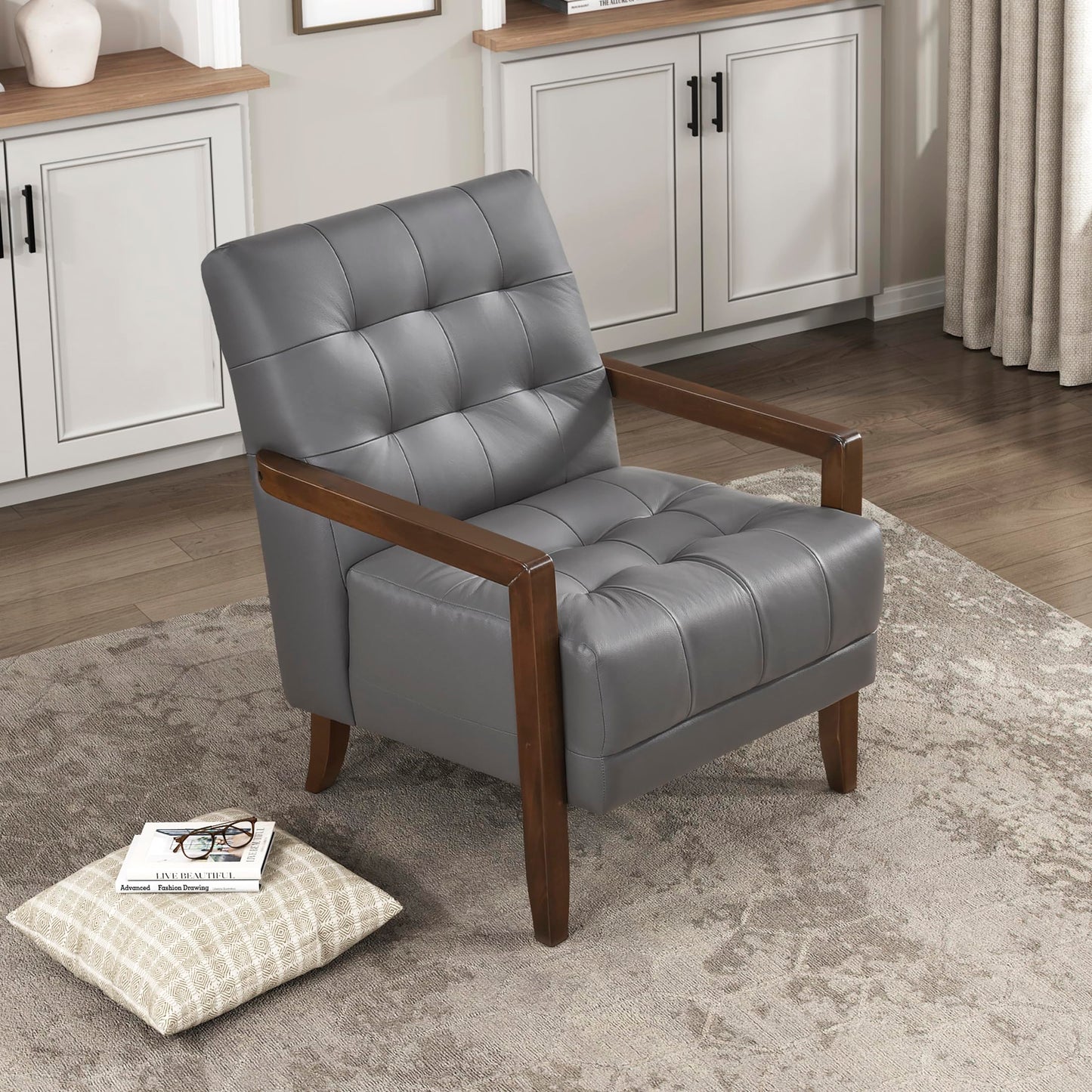 Lexicon Modern Accent Chair, Luxury Genuine Leather Match Living Room Chair with Tufted Cushions, Solid Wood Frame and Arm Rest, Comfy Upholstered Single Seat for Bedroom/Reading/Office, Dark Gray