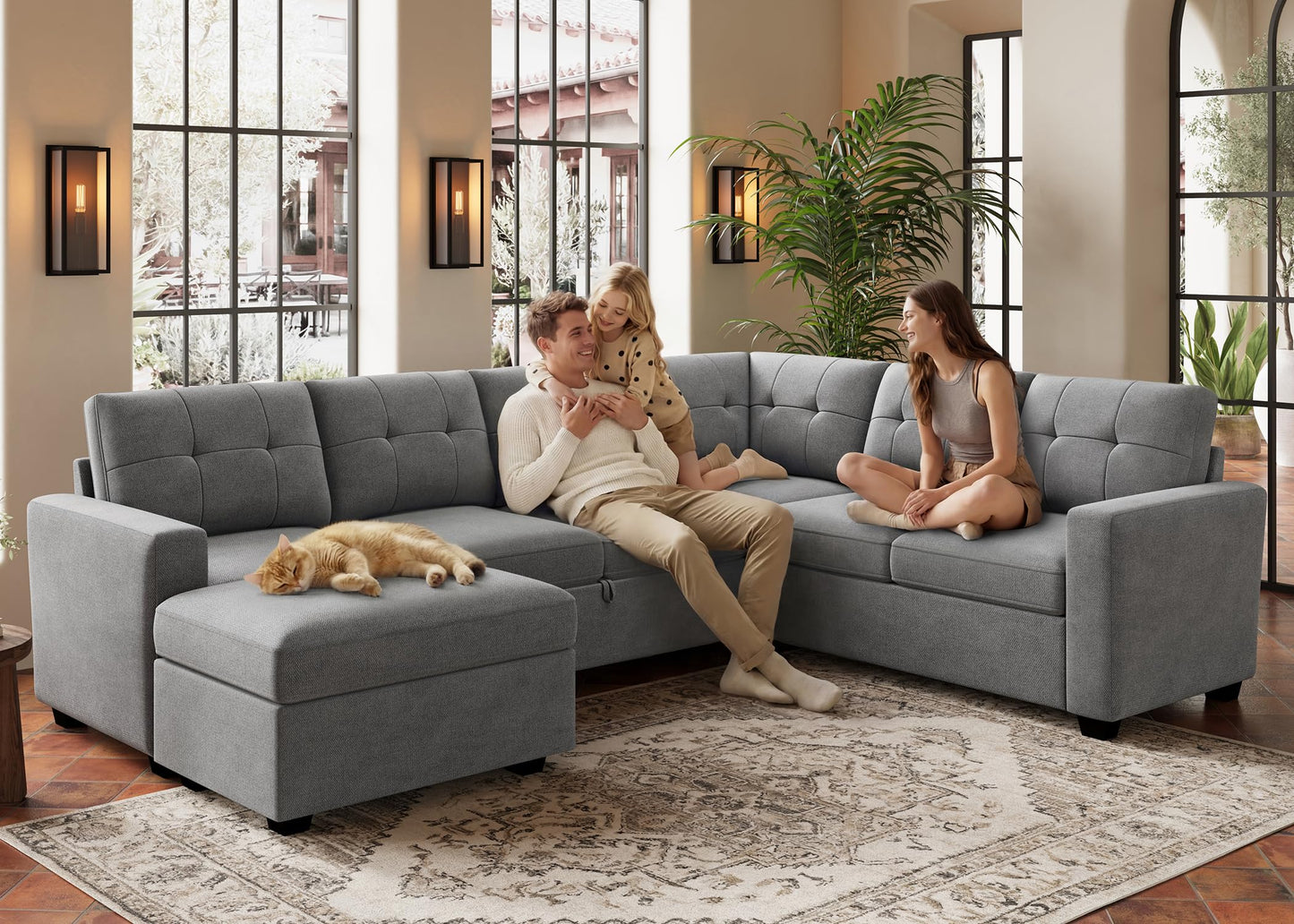 HONBAY 106.2 Inch U-Shaped Sectional Sleeper Sofa with Pull-Out Bed & Storage Ottoman, 7-Seater Sectional Sofa for Living Room, Pet-Resistant Fabric Couch, Grey
