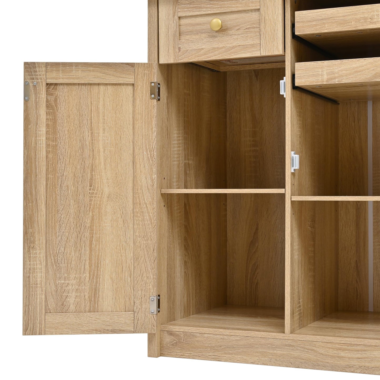 Merax 35.4"x17.7"x74.8" Farmhouse Freestanding Buffet with Hutch, Kitchen Pantry Storage Cabinet with Wine Rack and Adjustable Shelves for Dining Room, Natural