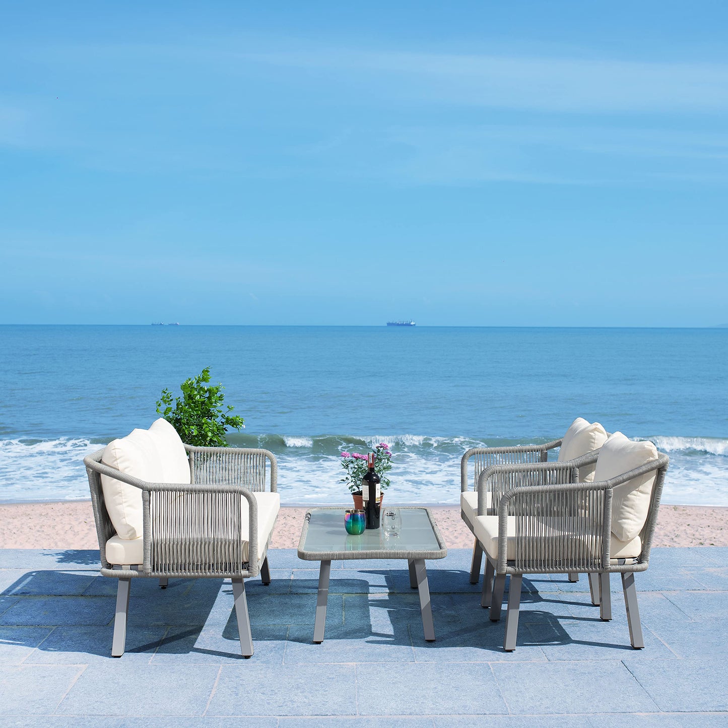 Safavieh Outdoor Collection Torsla Wicker Cushion 4-Piece Rope Patio Backyard Living Set PAT7520A, Grey/Beige