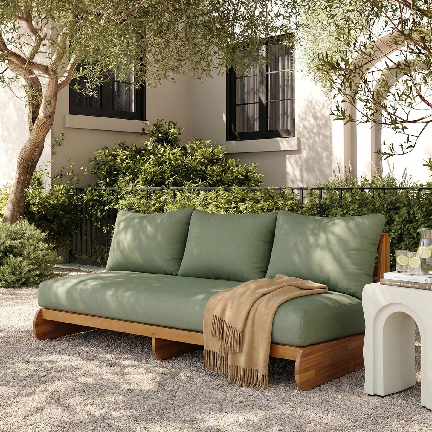 Merax Outdoor Acacia Wood Sofa with All-Weather Cushions, Patio Low 3-Seater Lounge Sofa for Porch, Lawn, Backyard, Balcony, Green+Teak