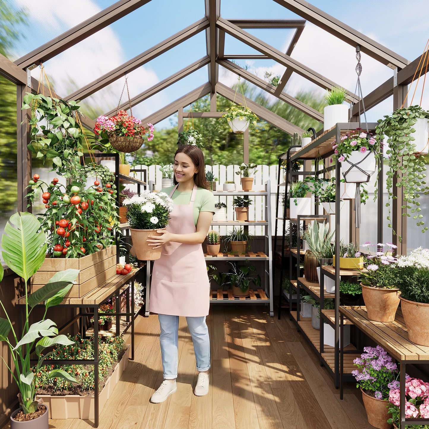 6x8 FT Greenhouse - Large Wooden Greenhouses for Outdoors, Heavy Duty Spruce Frame Greenhouse with PC Panels, Adjustable Roof Vents & Lockable Door, Walk-in Green Houses for Garden, Backyard, Patio