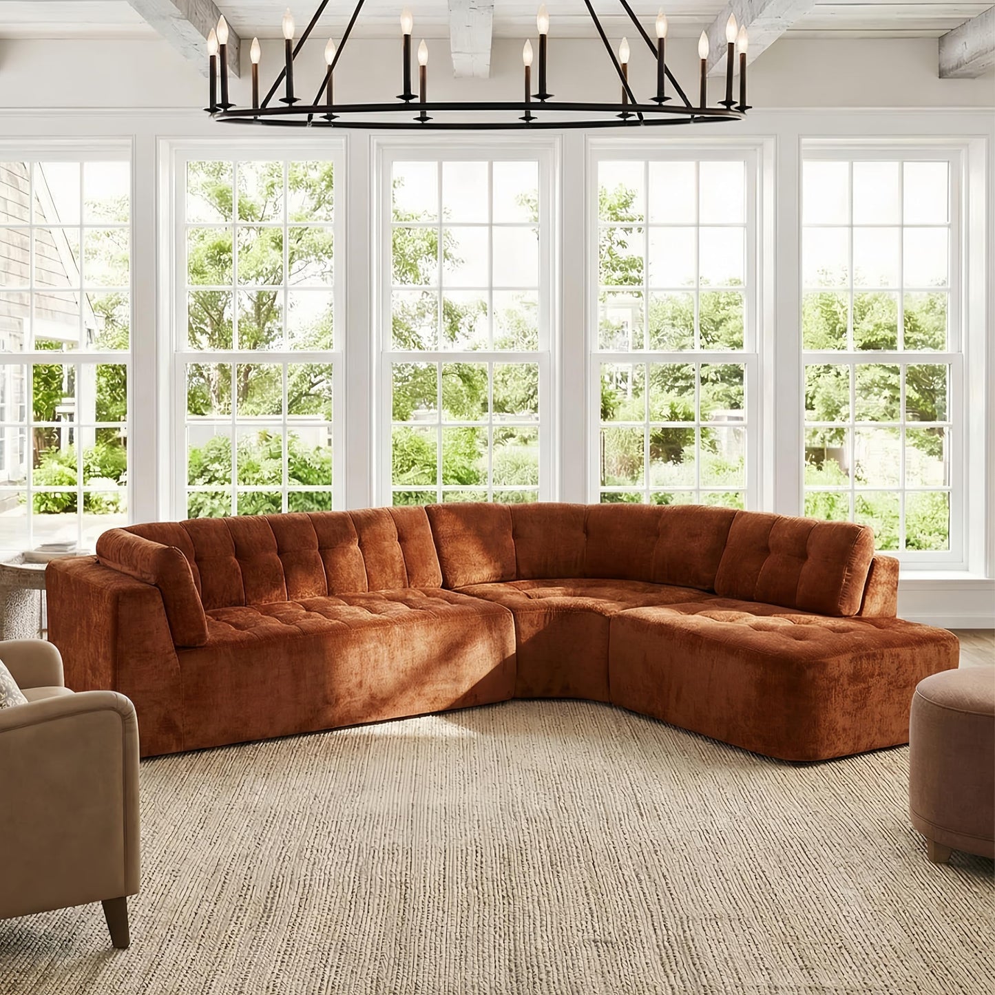 Merax 119" L-Shaped Curved Sectional Sofa Set | 4 Seat Modern Minimalist Tufted Cloud Couch with Chaise Lounge | Fully Upholstered Arms | Right-Hand Facing Foam | No-Tools Assembly, Dark Orange