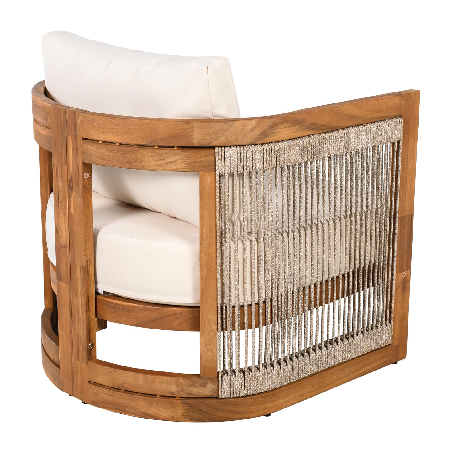 Merax 4-Piece Patio Premium Acacia Wood Outdoor Furniture Set,All Weather Curved Tub Design with Woven Rope Accents Loveseat Chairs and Table for Backyard, Balcony and Deck,Teak+ Beige