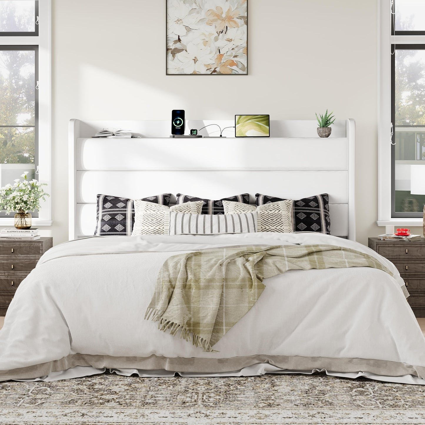 Allewie King Size Upholstered Bed Frame with Charging Station & Storage Headboard, Soft Velvet Wingback Platform Bed, Strong Wooden Slats Support, No Box Spring Needed, Easy Assembly, White