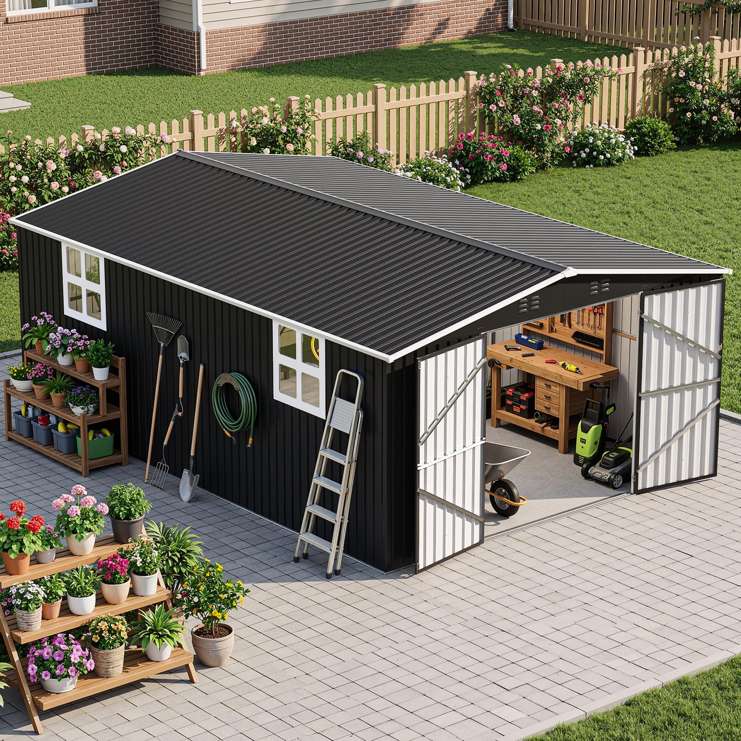 AirWire 12x18 FT Outdoor Storage Shed, Garden Shed with Updated Frame Structure and Lockable Doors, Metal Tool Sheds for Backyard Garden Patio Lawn,Black