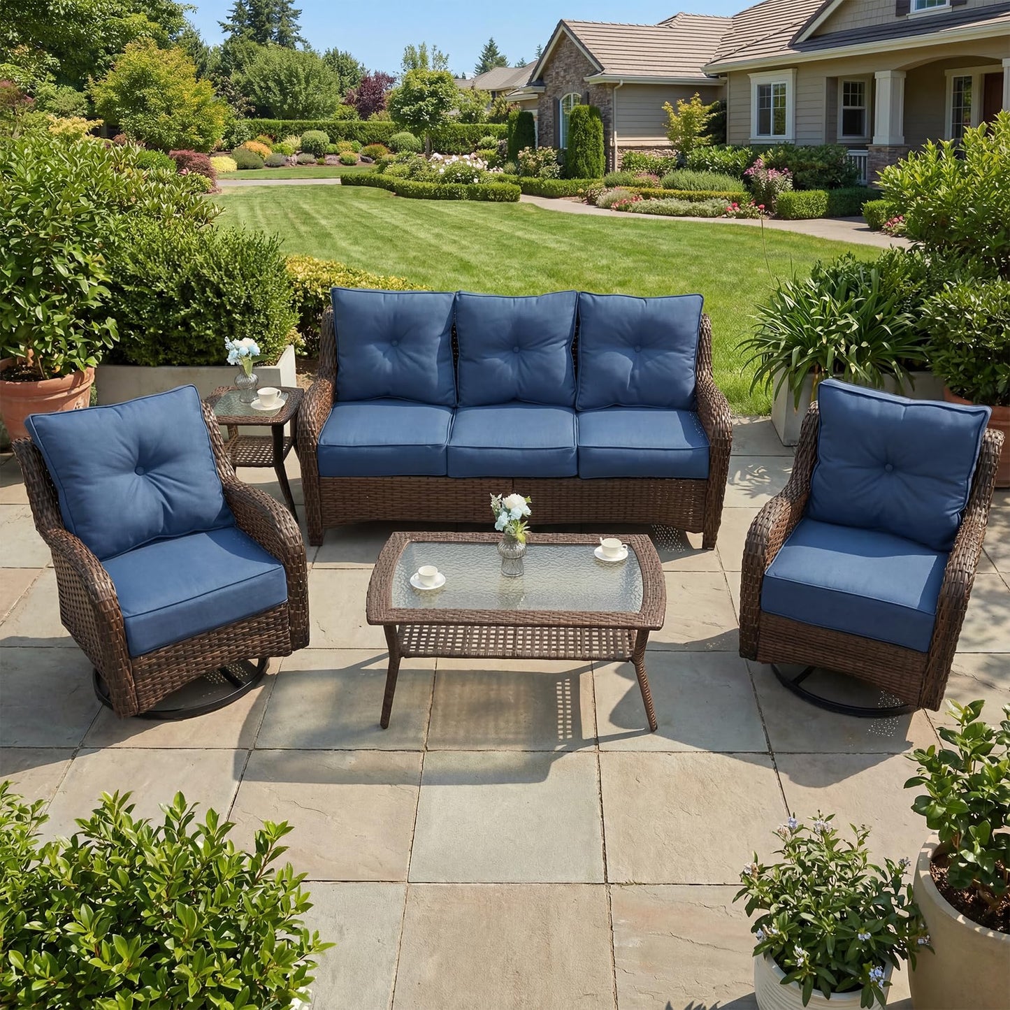 ADRERIC Luxury Patio Conversation Set, 5-Piece Ergonomic High Back Wicker Sofa&Swivel Chair Set with 6-Inch Deep Seating Cushions, Large Patio Furniture Set for Garden, Deck & Balcony, Navy Blue